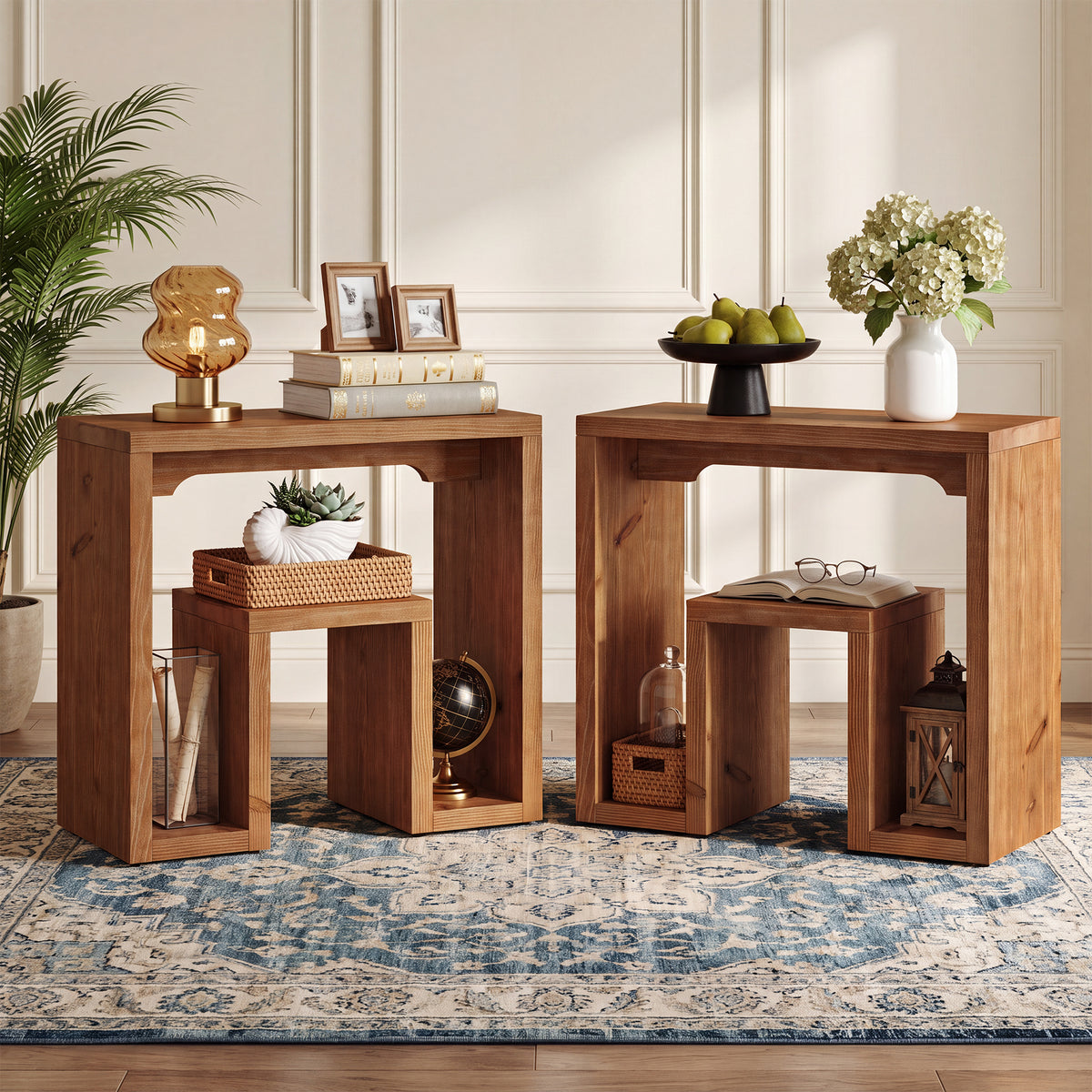 60cm Side Table, U-Shaped Solid Fir Wood Farmhouse Accent Table for Living Room