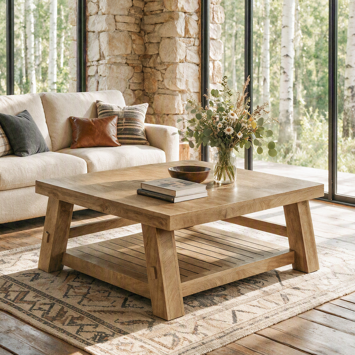 99cm Square Coffee Table, Farmhouse 2-Tier Slatted Storage Shelf