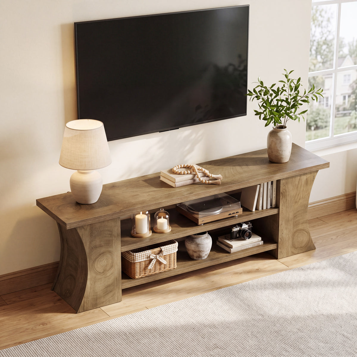 160cm TV Stand, 3-Tier Storage & Curved Legs for 75" TVs