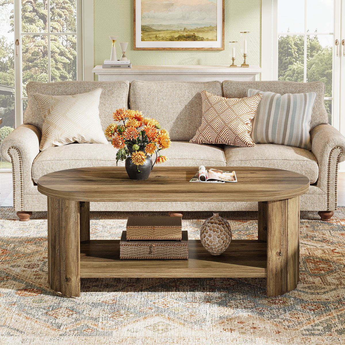 120cm Oval Coffee Table, Storage Shelf for Living Room