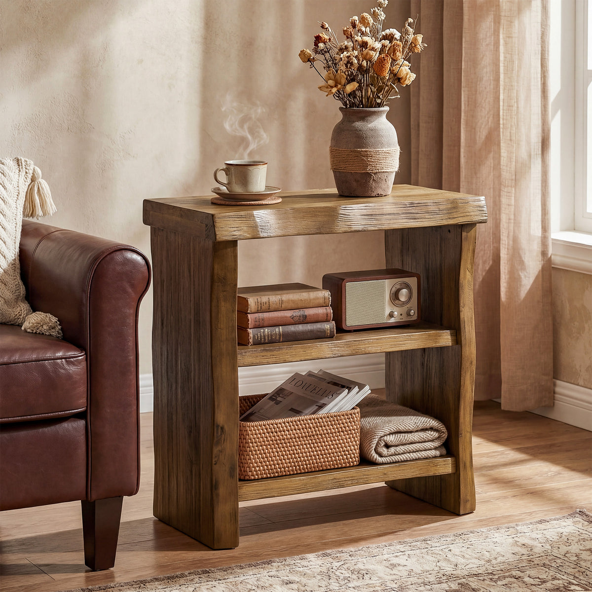 60cm End Table, 3-Tier Solid Wood Narrow Side Table with Live Edge Design for Living Room