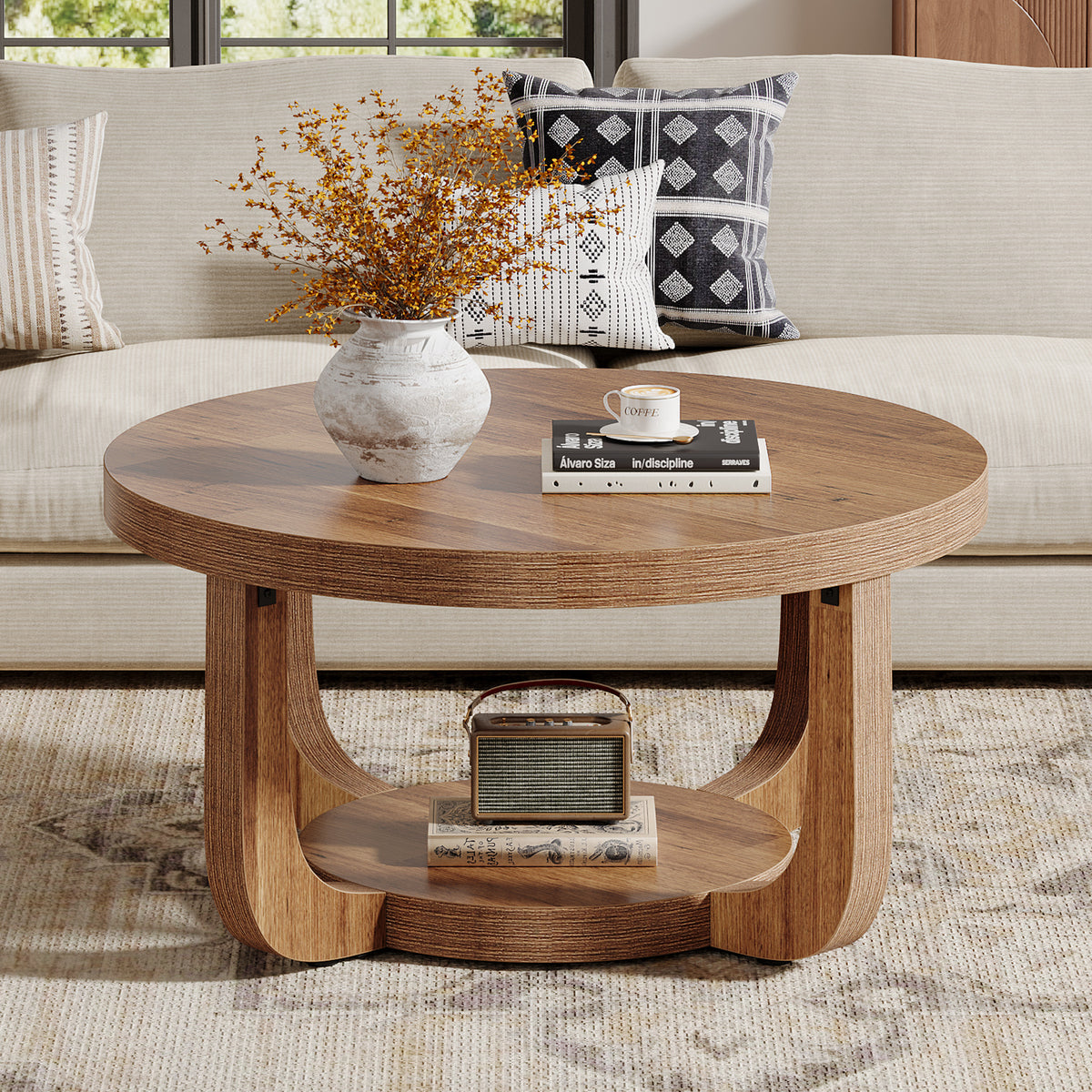80cm Round Coffee Table, 2-Tier Storage Coffee Table for Living Room & Bedroom