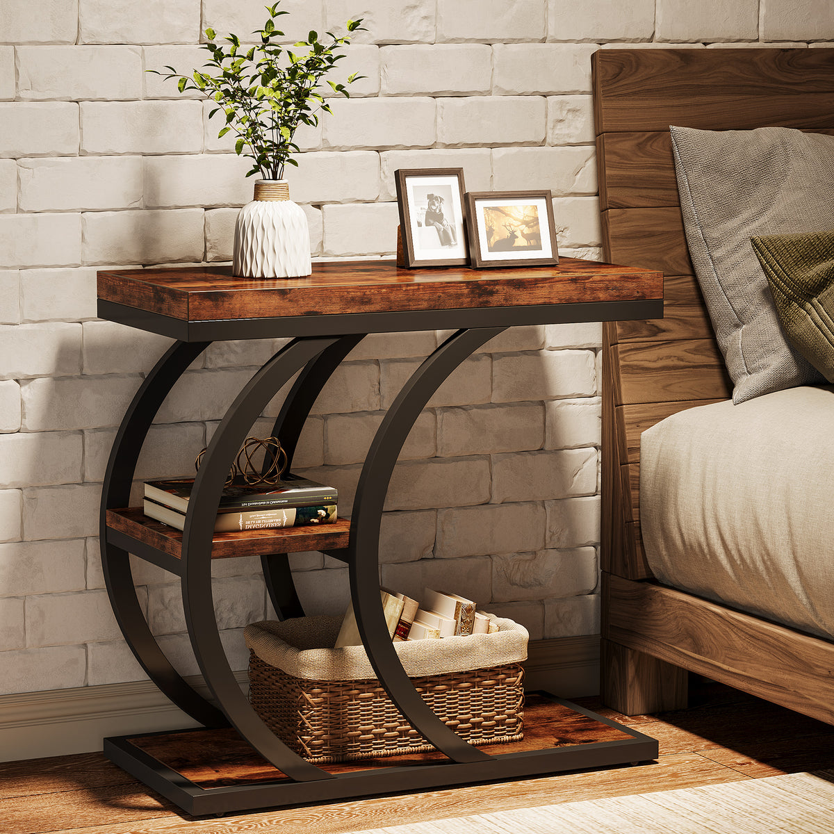 60cm End Table, 3-Tier Couch C-Shaped Side Table with Storage