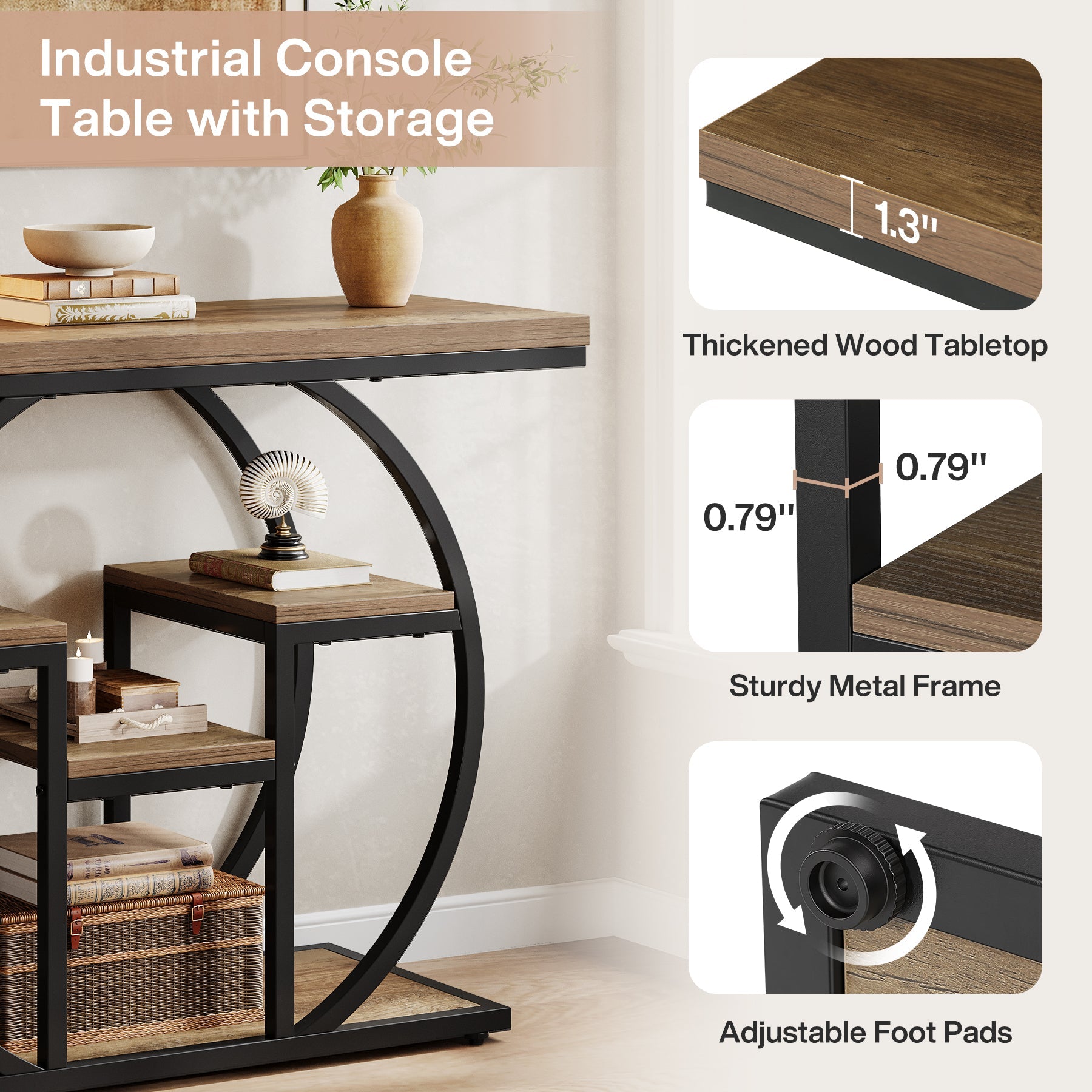 105cm Industrial Console Table, 4-Tier Sofa Table with Storage Shelves