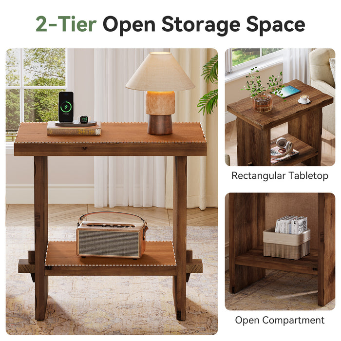 60cm Side Table, 2-Tier Solid Wood Compact Nightstand for Living Room