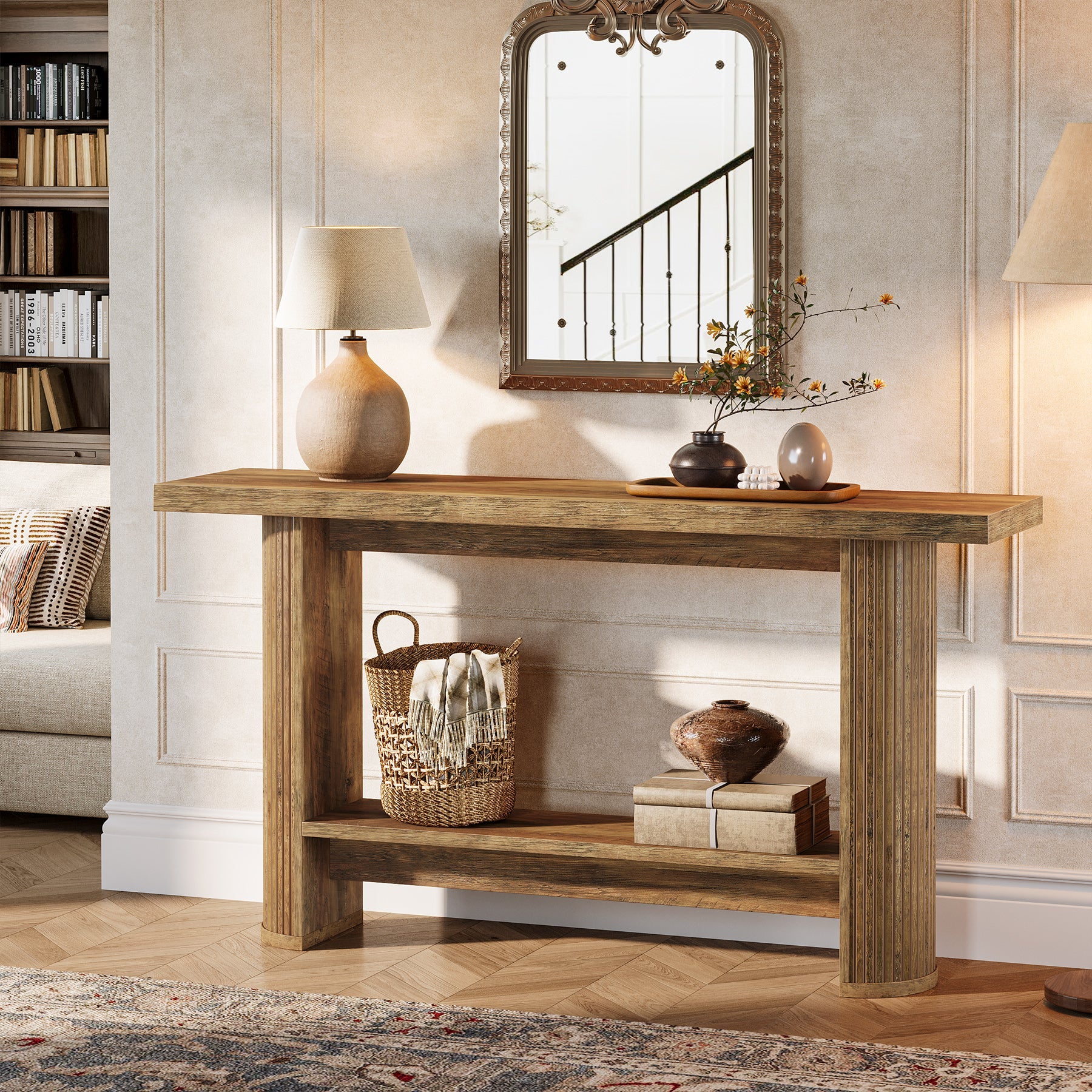 55" Narrow Console Table with Storage Shelf, Rustic Entryway Sofa Table