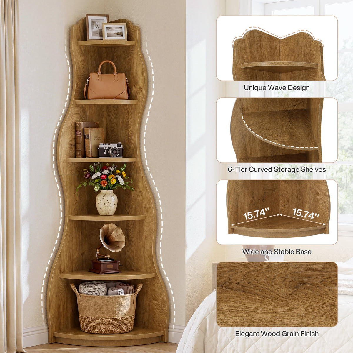 6-Tier Corner Shelf Stand,175cm Tall Bookshelf with Curvy Shape for Living Room