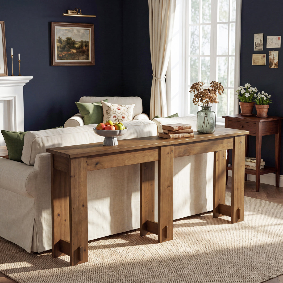 200cm Console Table, Extra Long Solid Pine Bench Table with 6 Legs