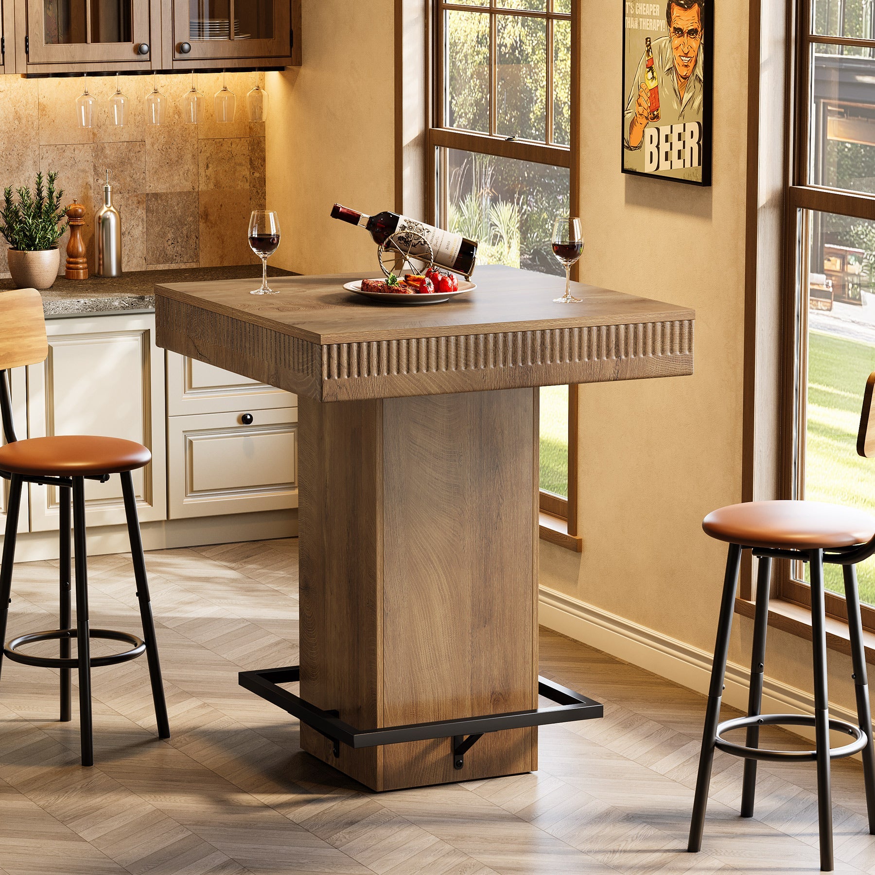 31.5" Square Bar Table, Industrial Bistro Pub Table with Metal Footrest