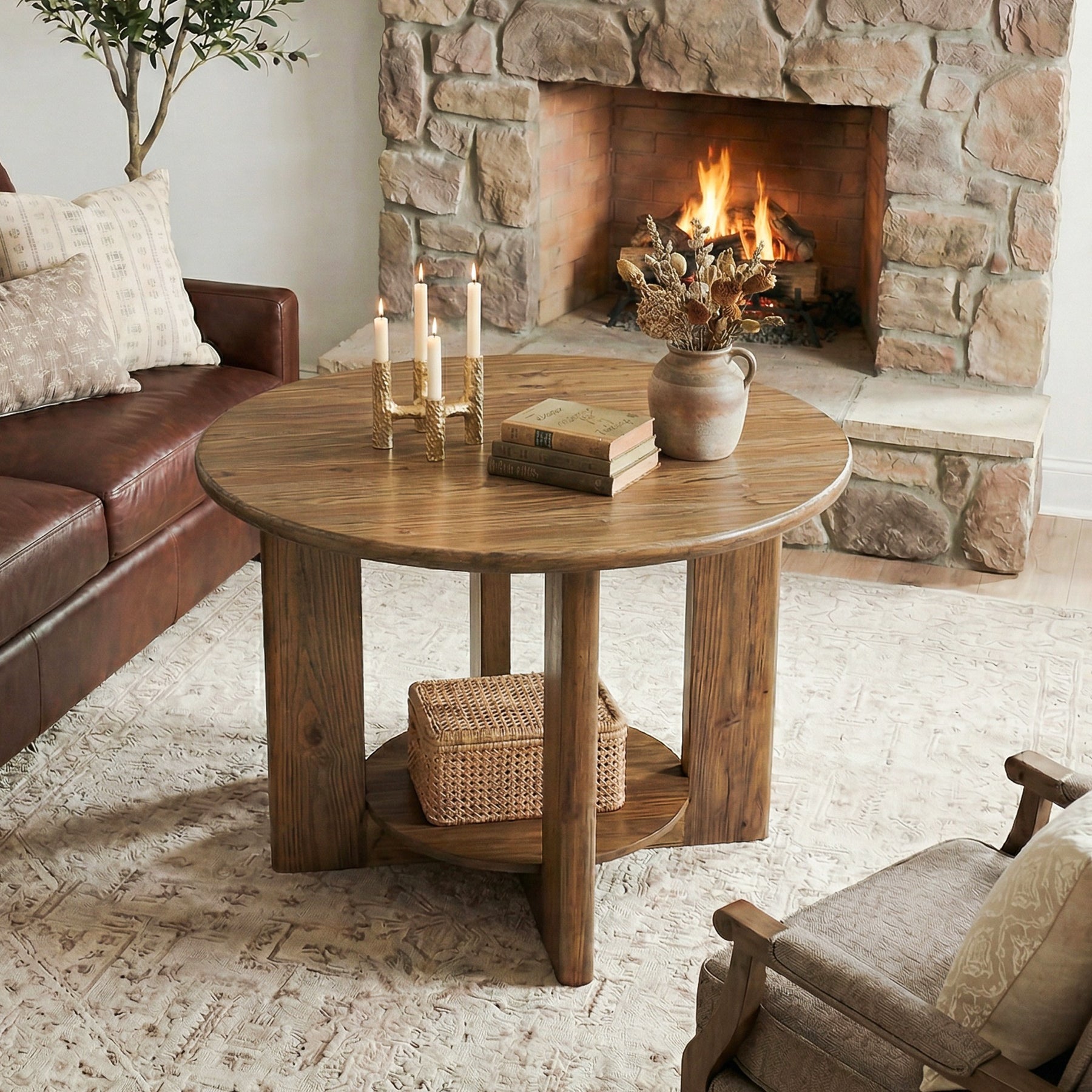 80cm Solid Wood Round Coffee Table, 2-Tier Accent Center Table with Storage
