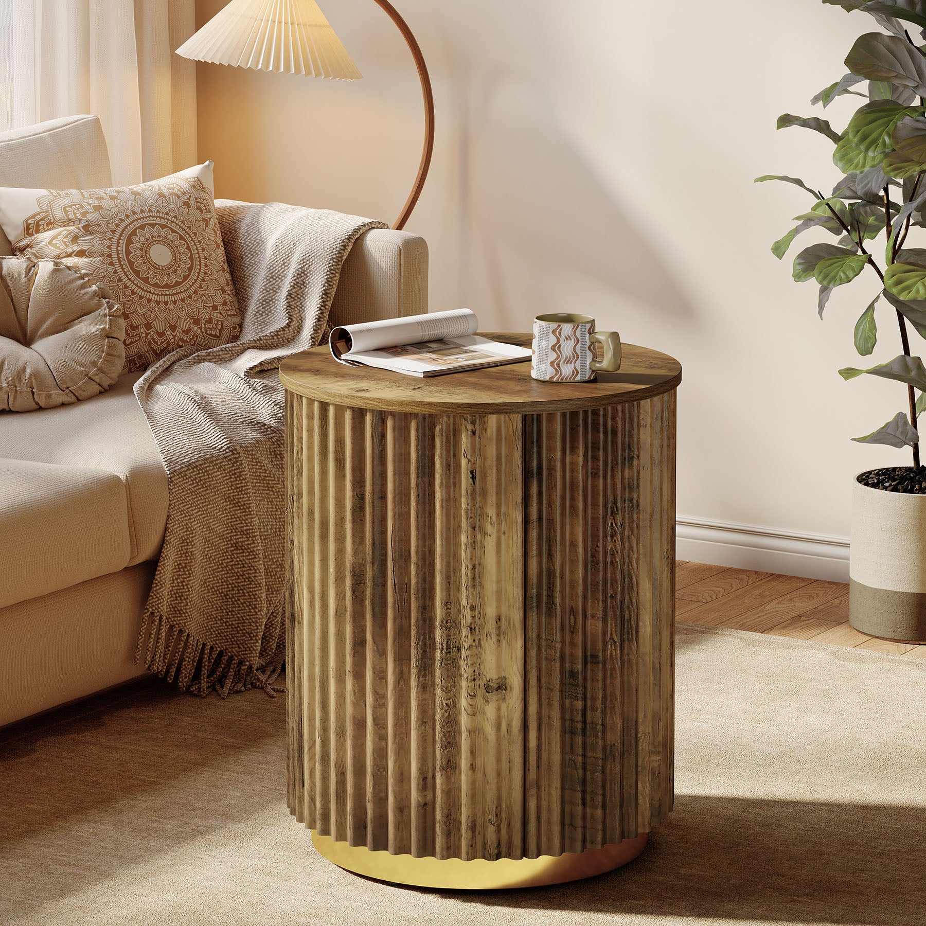 Fluted Round End Table, Small Side Table Nightstand for Living Room, Bedroom