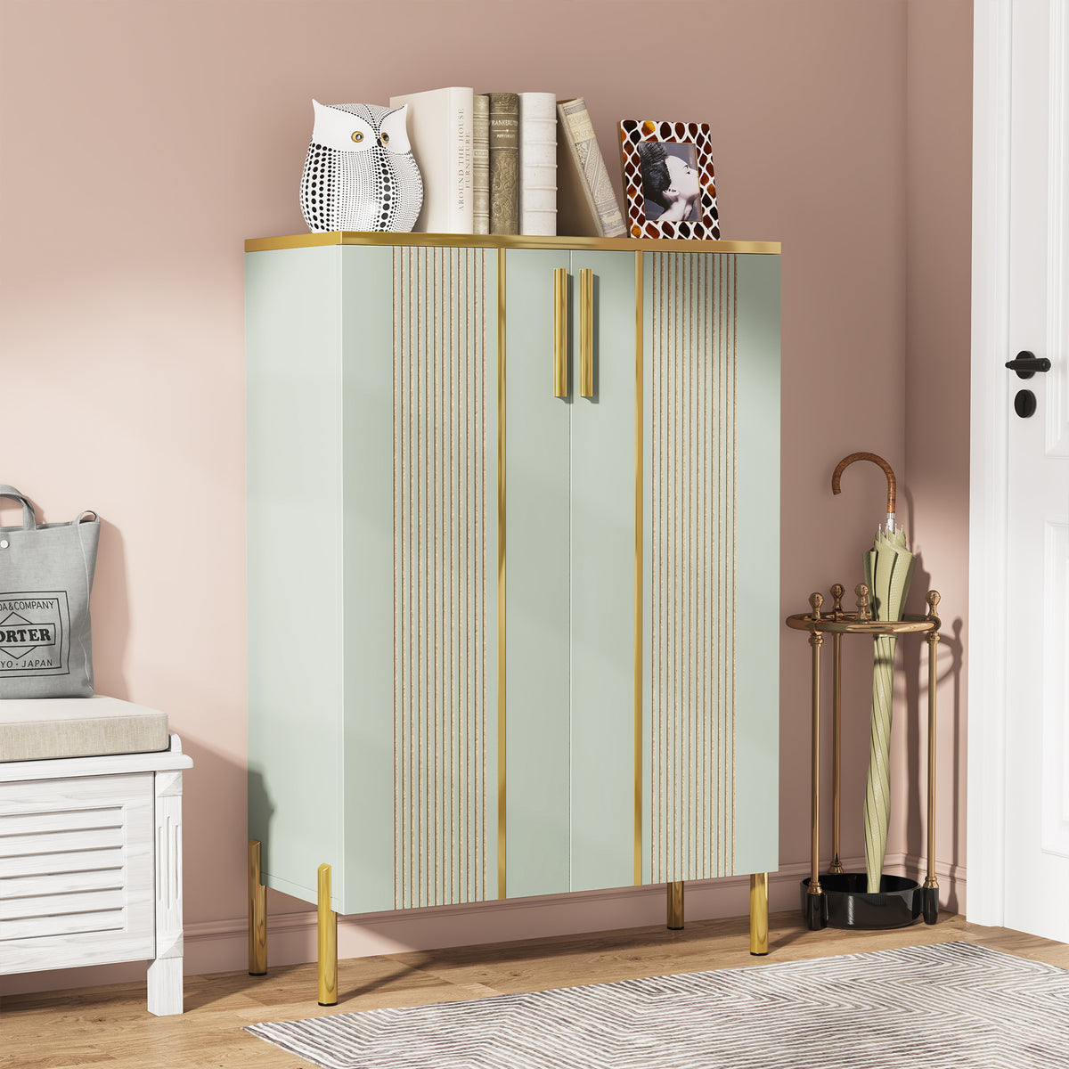 100cm Shoe Cabinet, White 6-Shelf Storage Cabinet with Gold Accents
