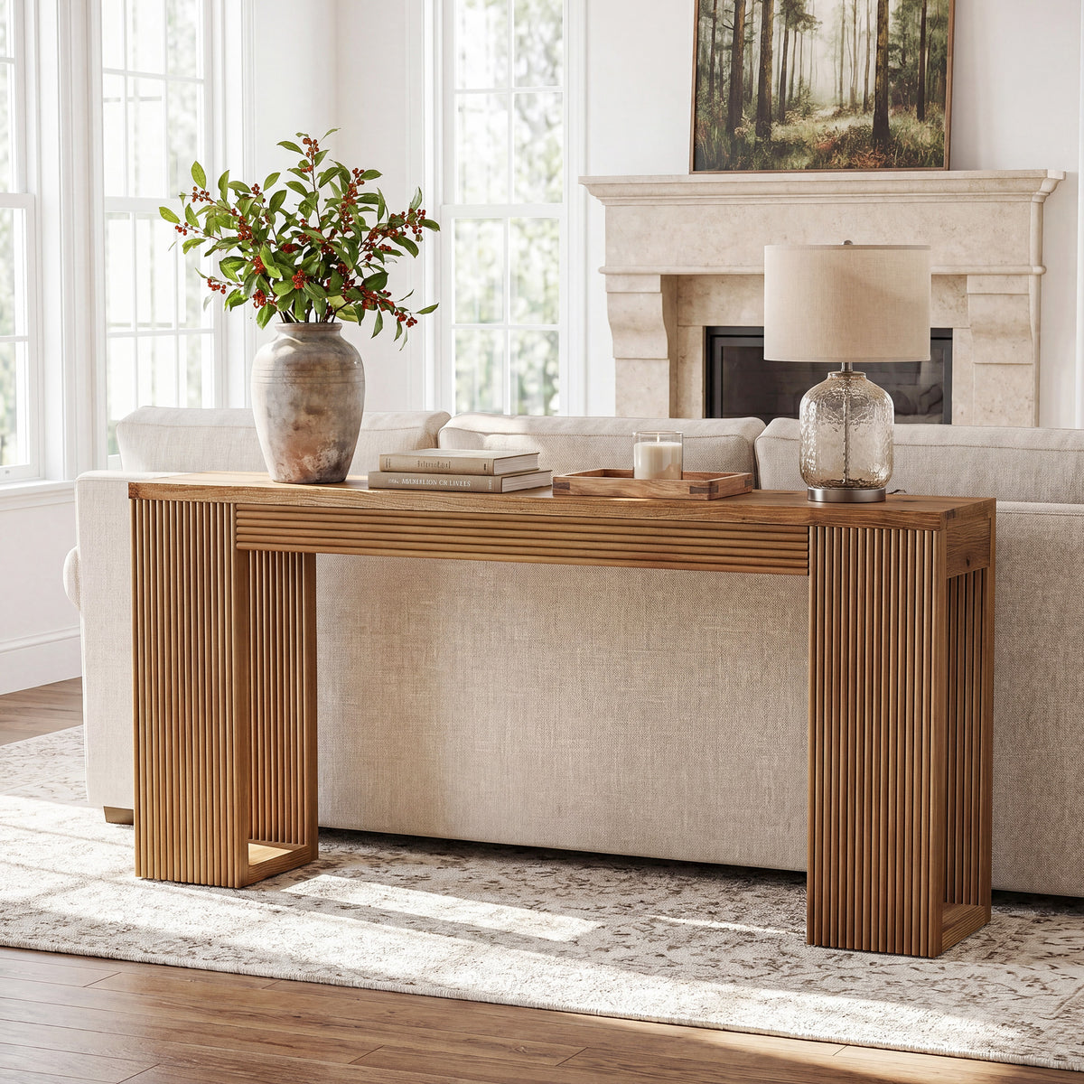 160cm Console Table, Solid Wood Narrow Hallway Table with Ribbed Legs