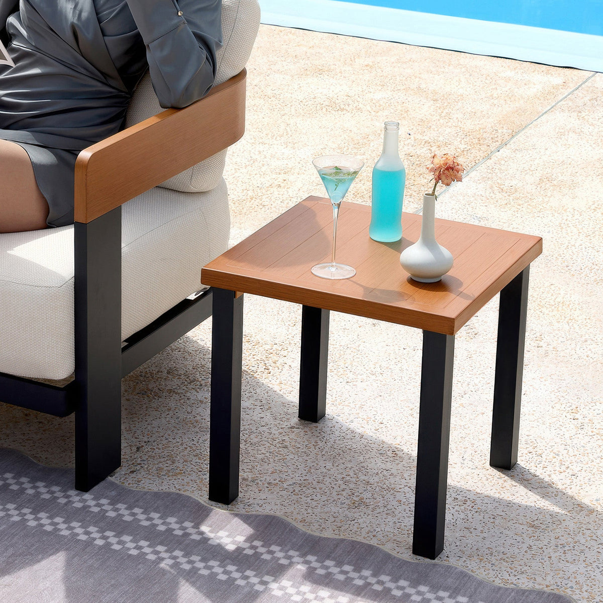 45cm Square Outdoor Side Table, Weather Resistant Patio End Table with Metal Legs