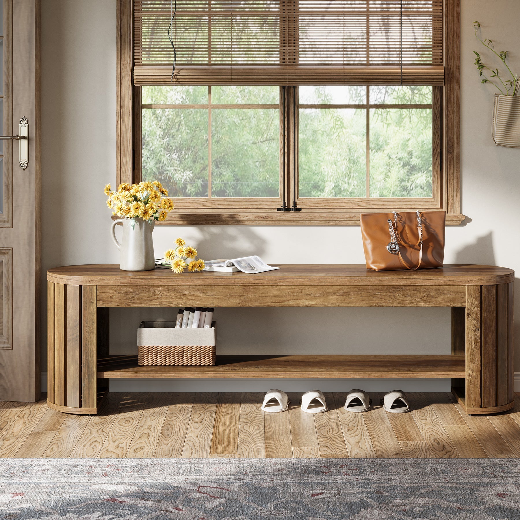 63" Wooden Shoe Bench with 2-Tier Storage, Narrow Entryway Bench for Entrance and Hallway