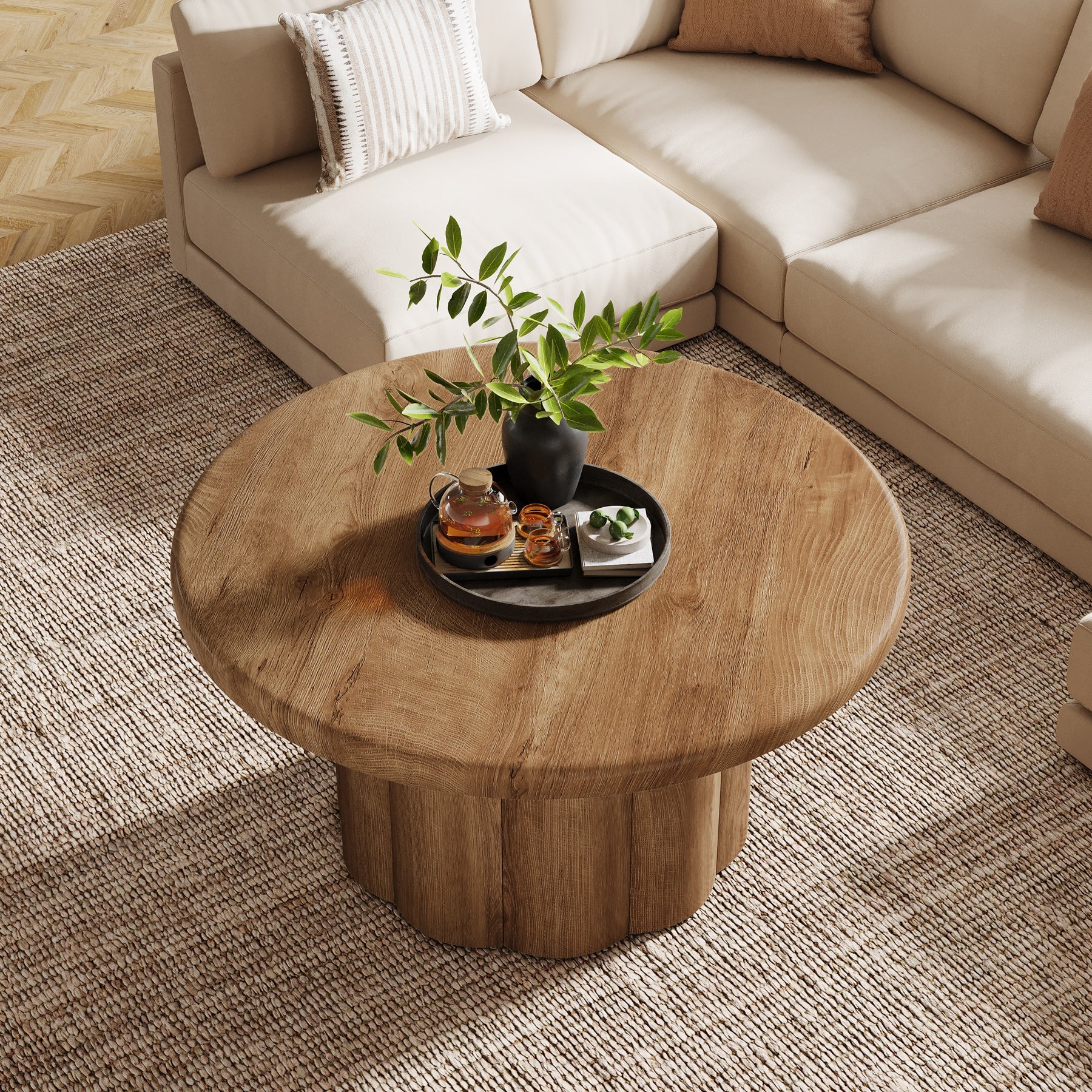31.5" Rustic Fluted Drum Table, Round Farmhouse Center Table for Cozy Living