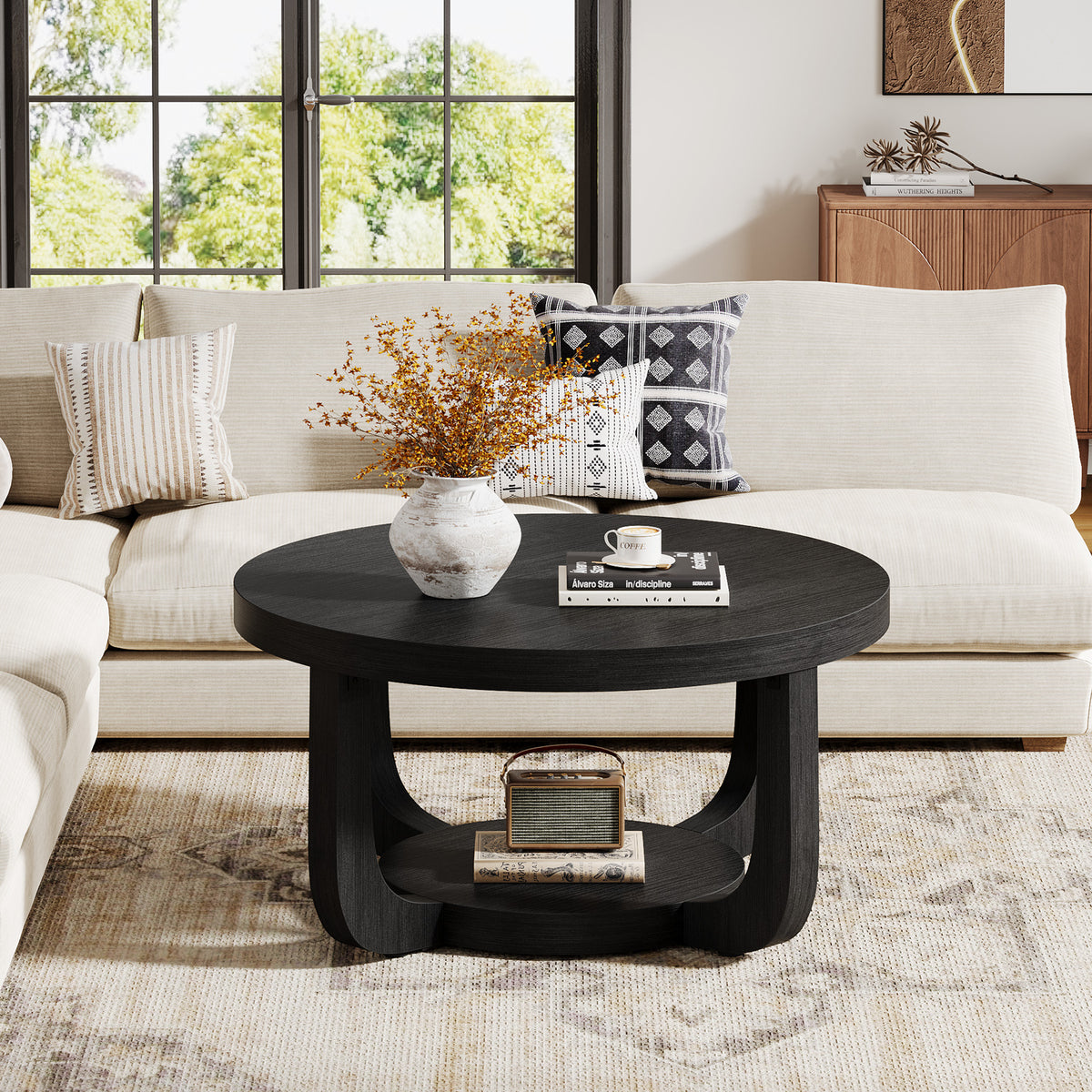 80cm Round Coffee Table, 2-Tier Storage Coffee Table for Living Room & Bedroom