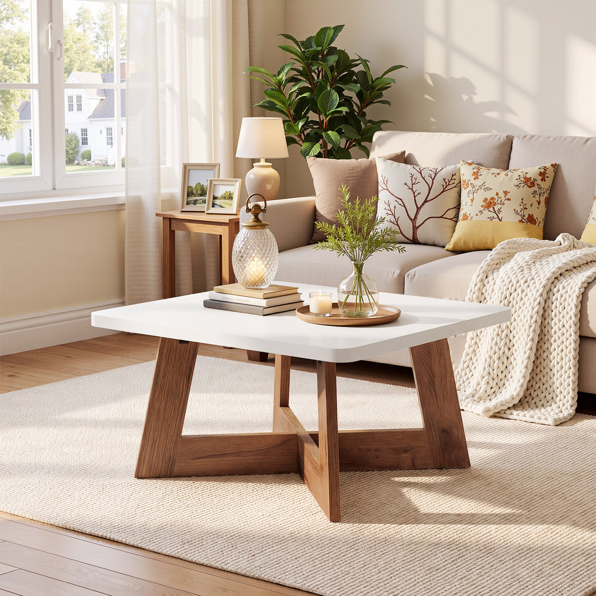 80cm Square Coffee Table, Modern White Centre Table with Cross Base for Living Room
