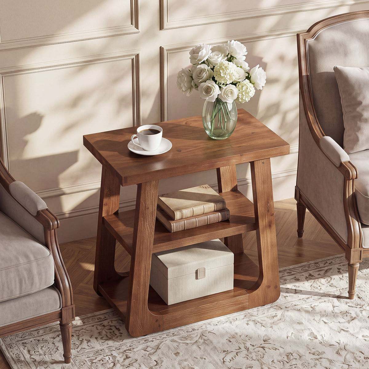 50cm Side Table, Farmhouse 3-Tier Solid Wood End Table for Small Spaces