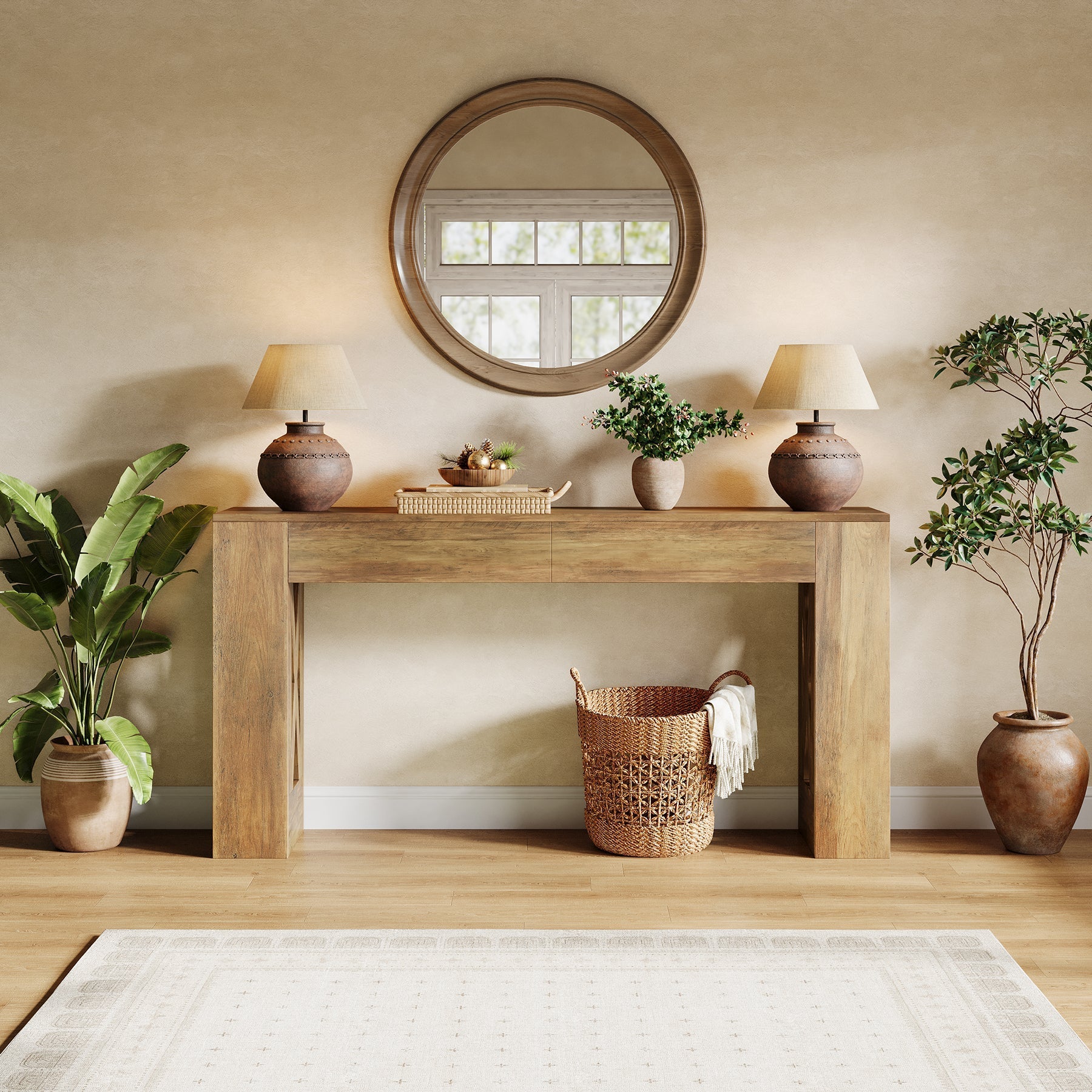 63" Farmhouse Console Table, X-Leg Sofa Table with 2 Drawers