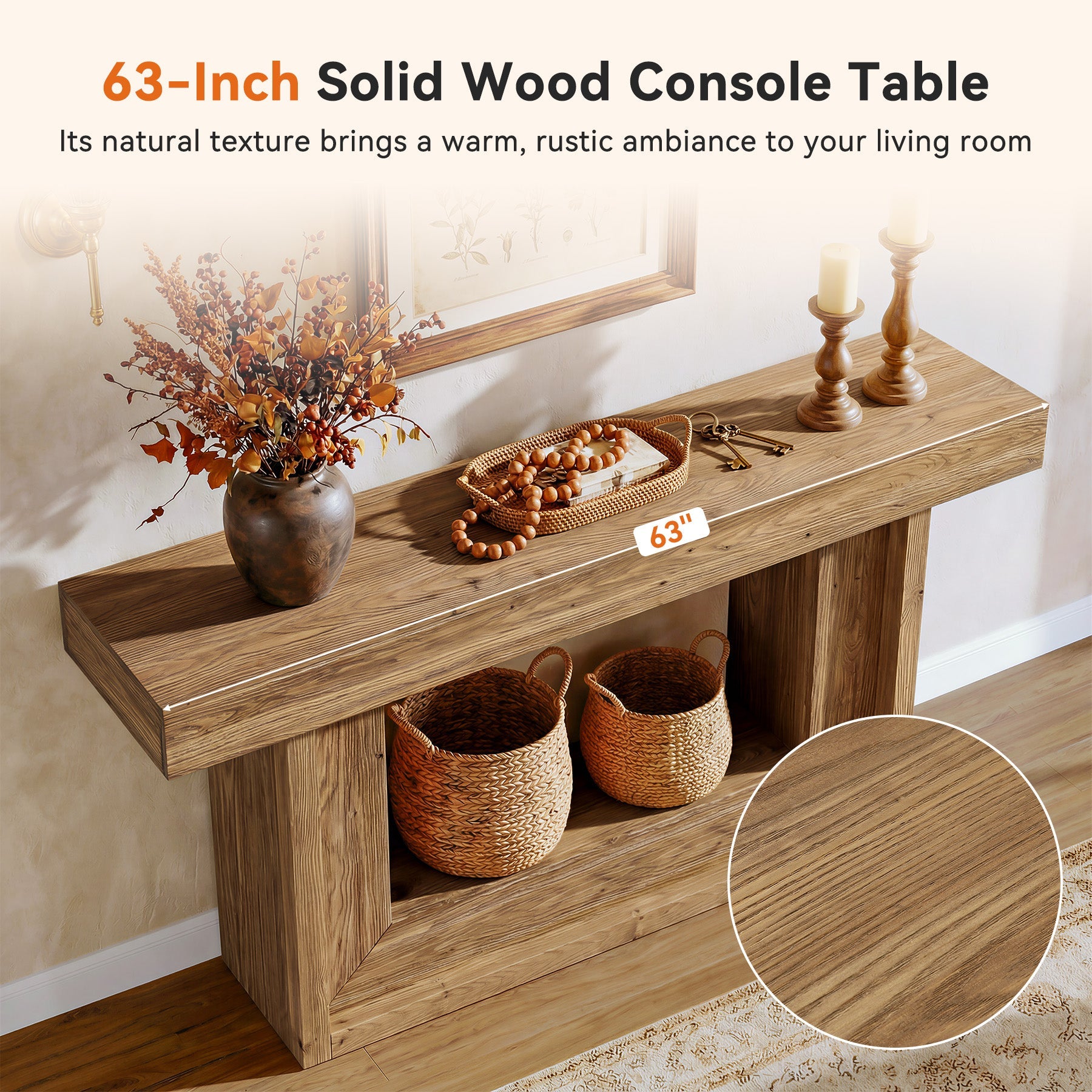 160cm Solid Wood Console Table with U-Shaped Base, Farmhouse Narrow Entryway Table with Open Storage Shelf