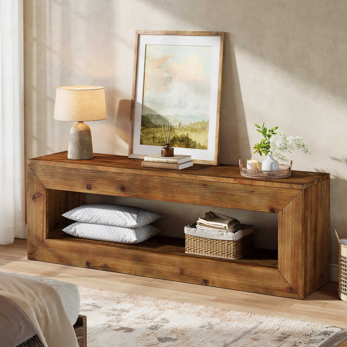 120cm TV Stand, Solid Wood Low Media Cabinet with Storage for Living Room Bedroom