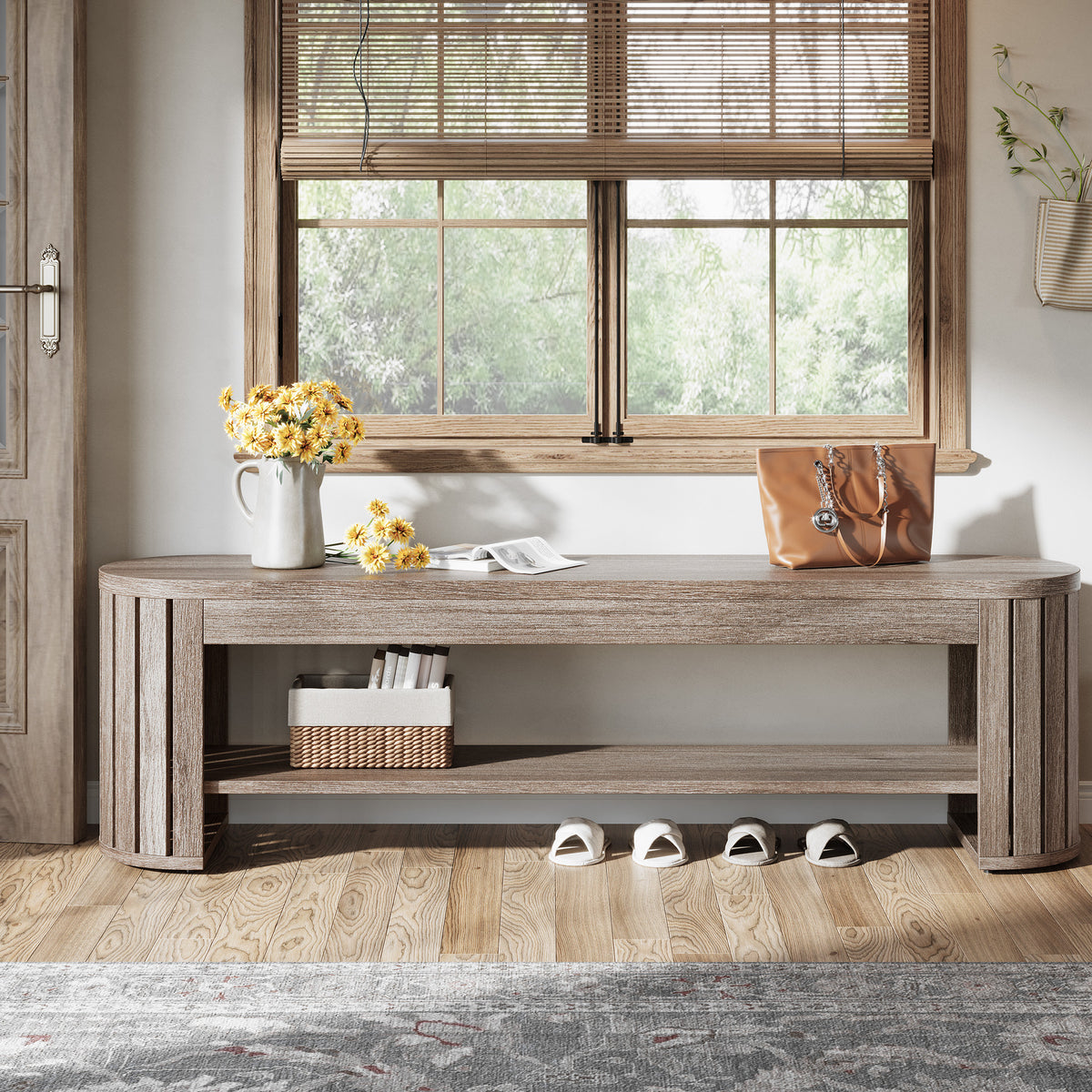 63" Wooden Shoe Bench with 2-Tier Storage, Narrow Entryway Bench for Entrance and Hallway