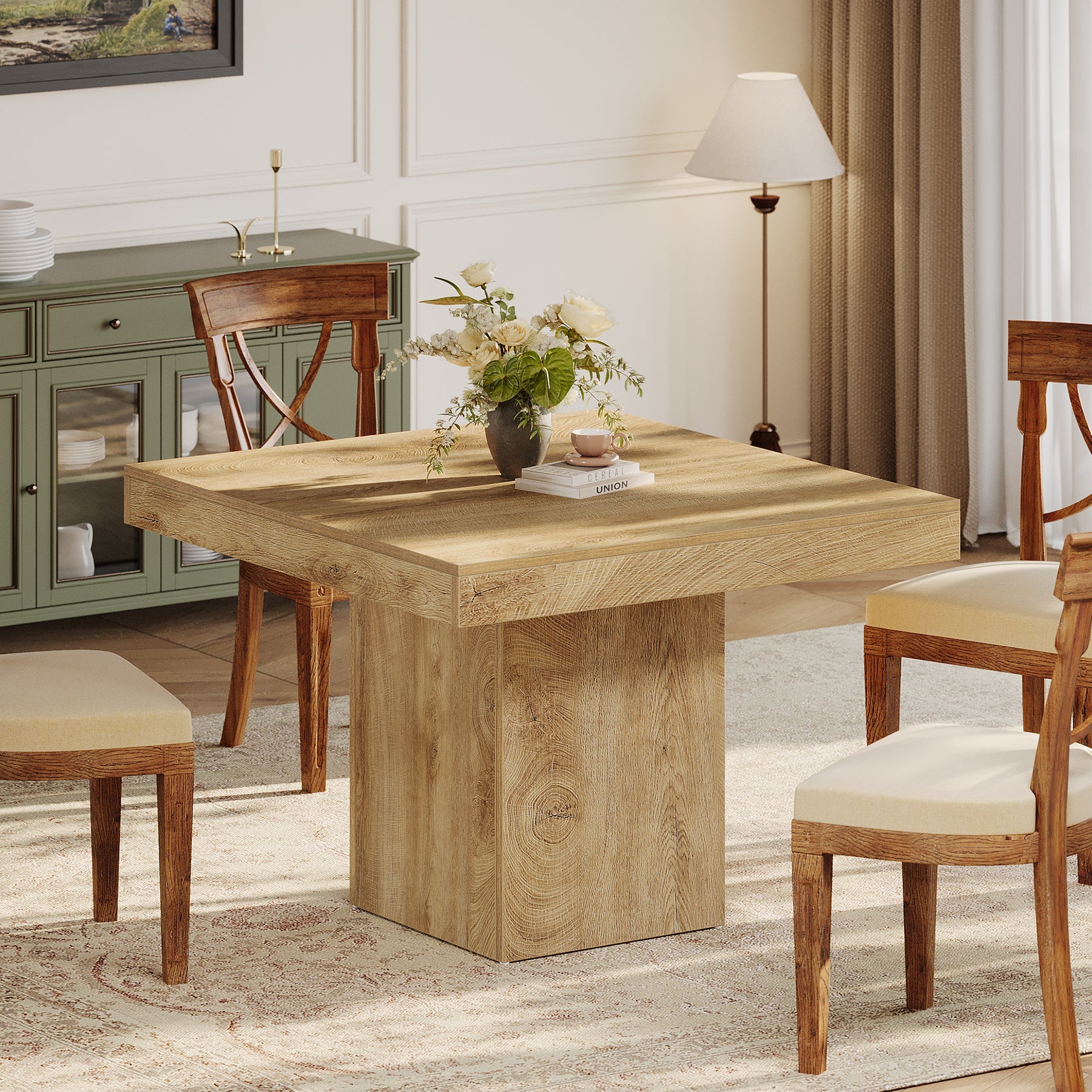 39" Square Farmhouse Dining Table, Solid Wood Kitchen Table with Pedestal Base for 4