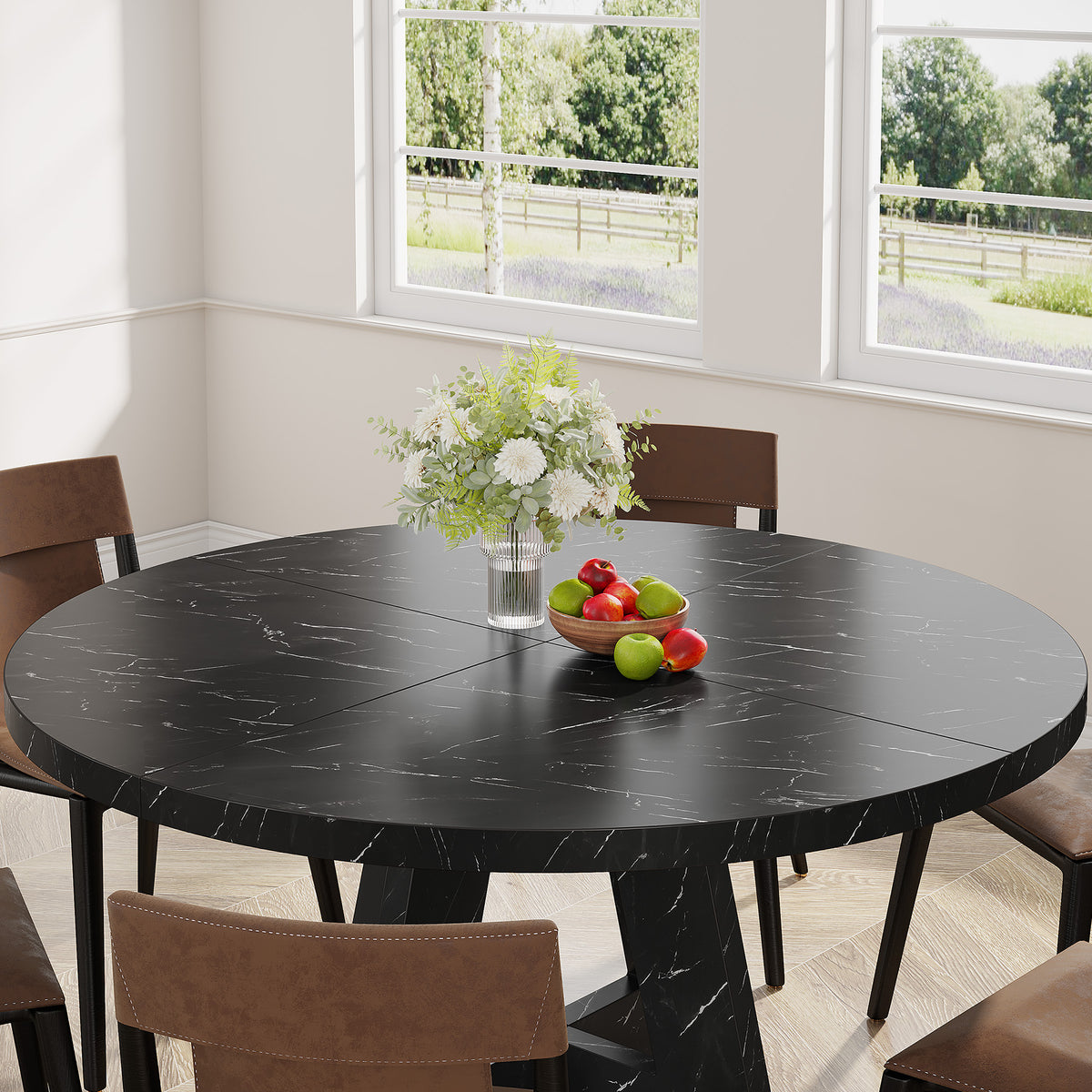 120 cm Round Dining Table, Farmhouse Wood Kitchen Table for 4-6 with Cross Base