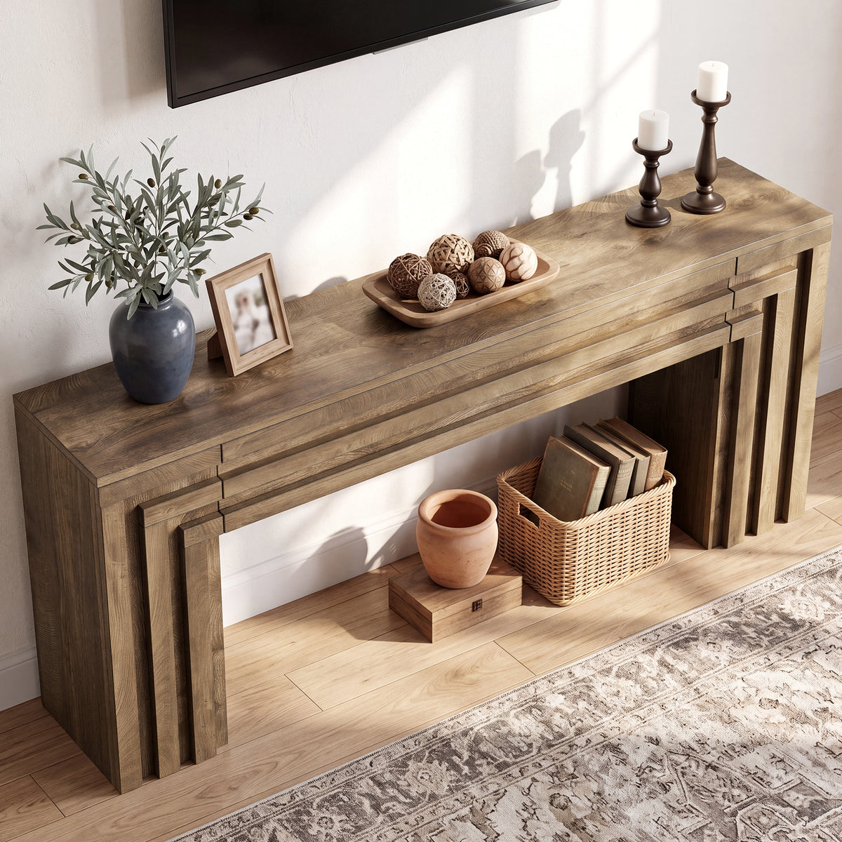 160cm TV Stand, Farmhouse Console with Hidden Cabinets for Living Room
