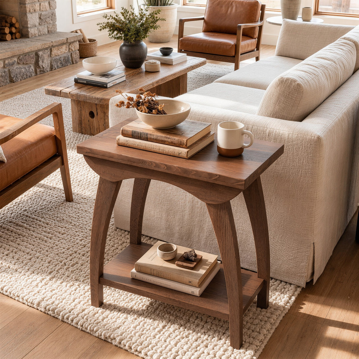 60cm End Table, Farmhouse Solid Wood Side Table with Lower Shelf for Living Room