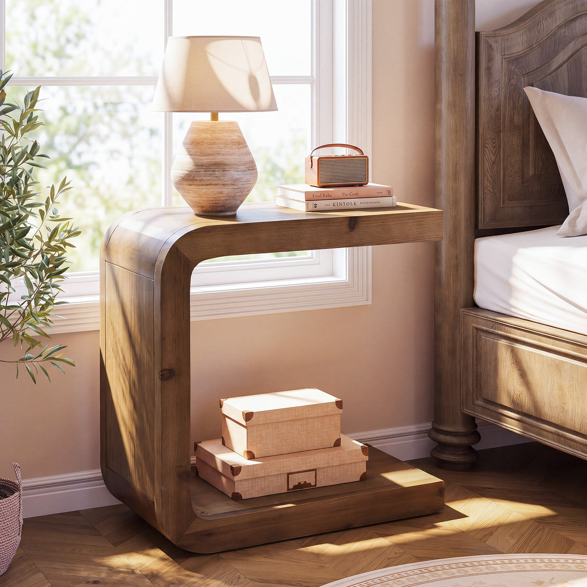 60cm C-Shaped Side Table, Solid Wood 2-Tier End Table with Storage