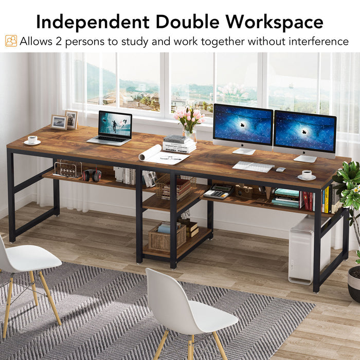 200cm Computer Desk, Rustic Double Desk with Shelves for 2 People Home Office