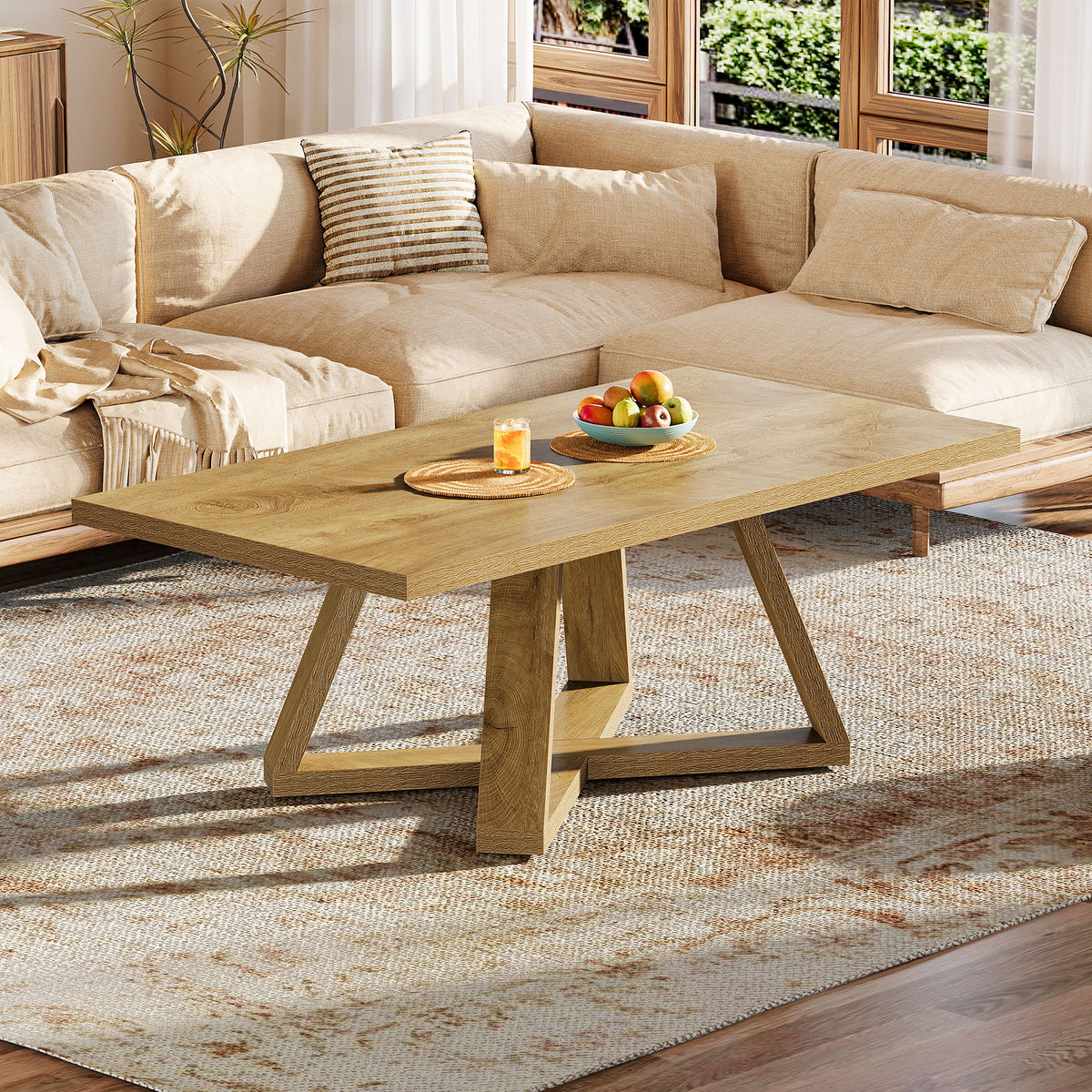 120cm Rectangle Coffee Table, Farmhouse Wooden Accent Table for Small Spaces
