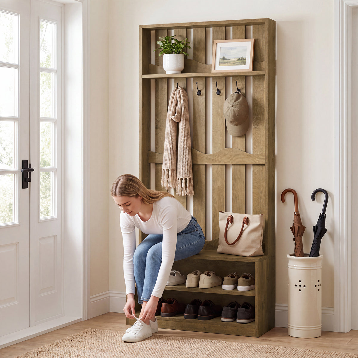 182cm Hall Tree, Farmhouse Entryway Storage with Bench & 4 Coat Hooks