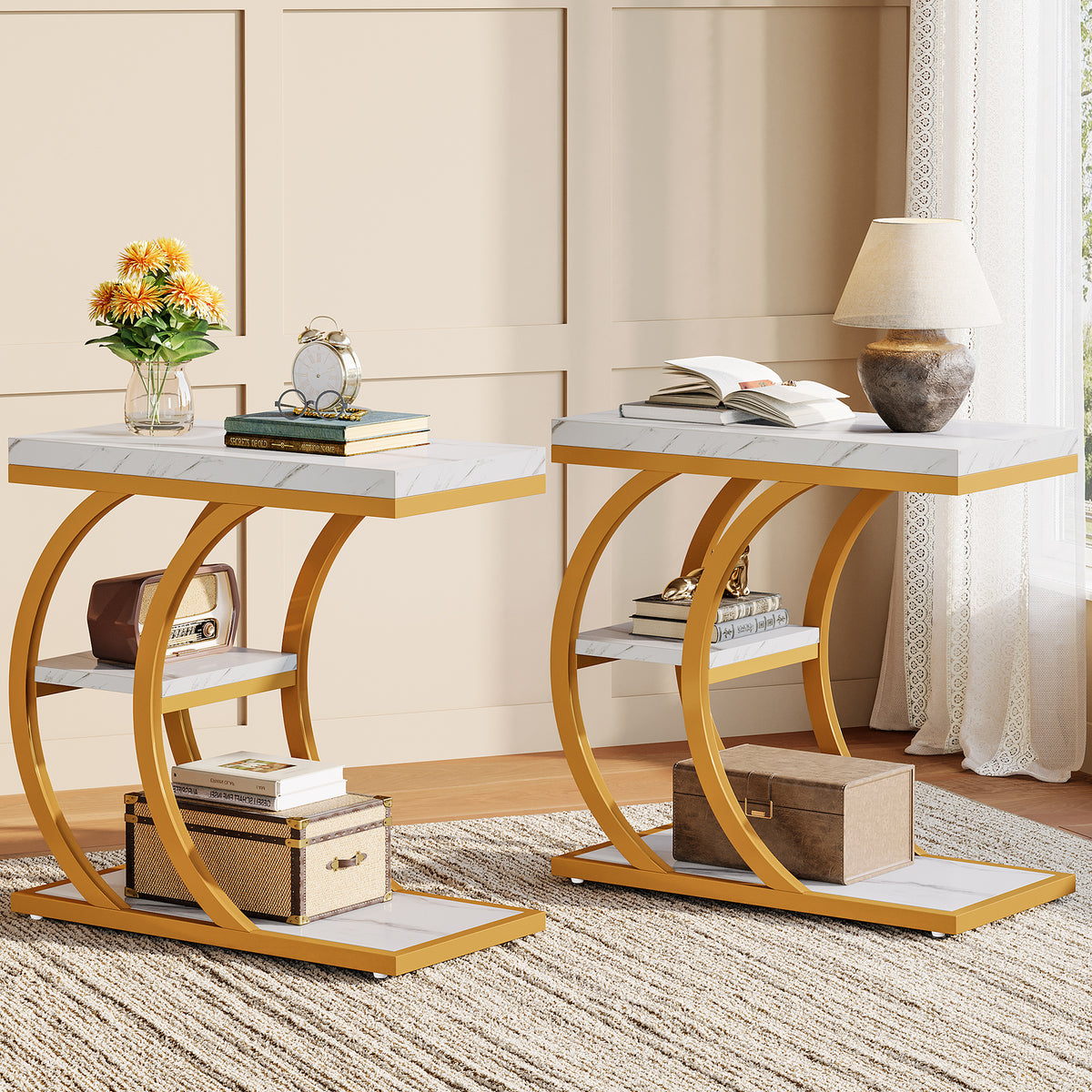 60cm End Table, 3-Tier Couch C-Shaped Side Table with Storage