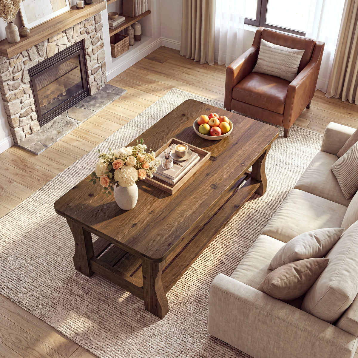 47" Solid Wood Coffee Table, Farmhouse 2-Tier Living Room Center Table, Dark Brown