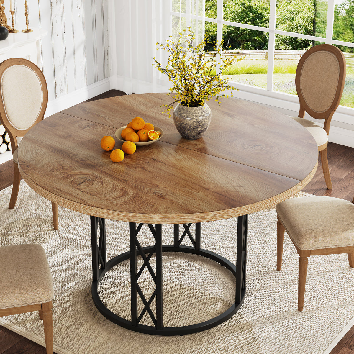 120cm Round Dining Table, 4-Seater Wood & Metal Kitchen Table
