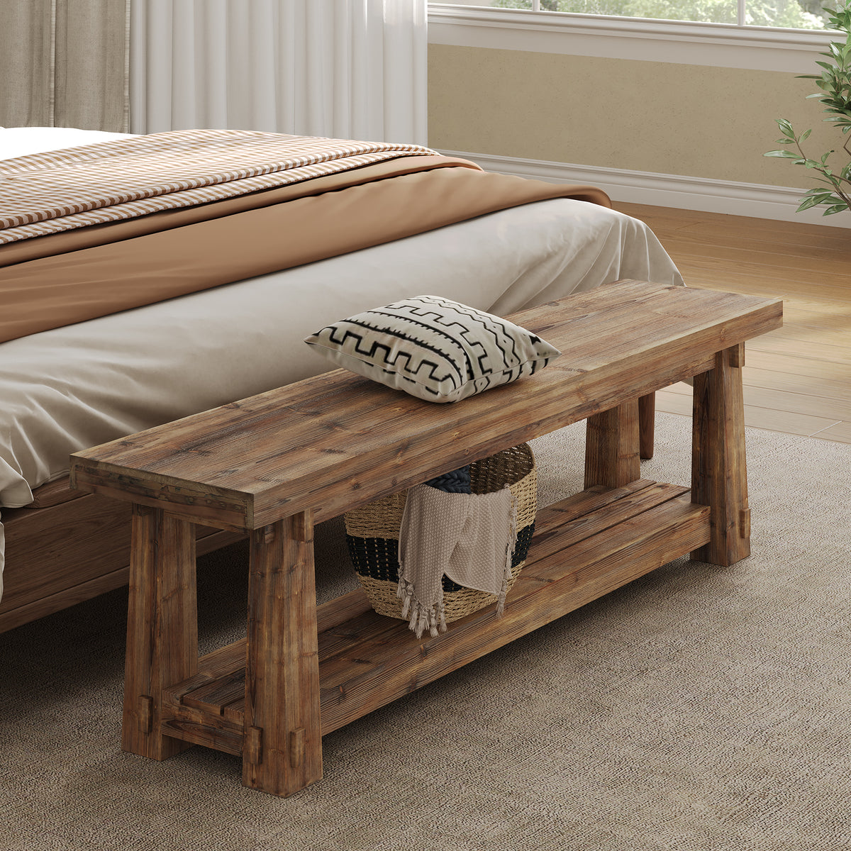 140cm Shoe Bench, Solid Wood Entryway Bench with Storage Rack