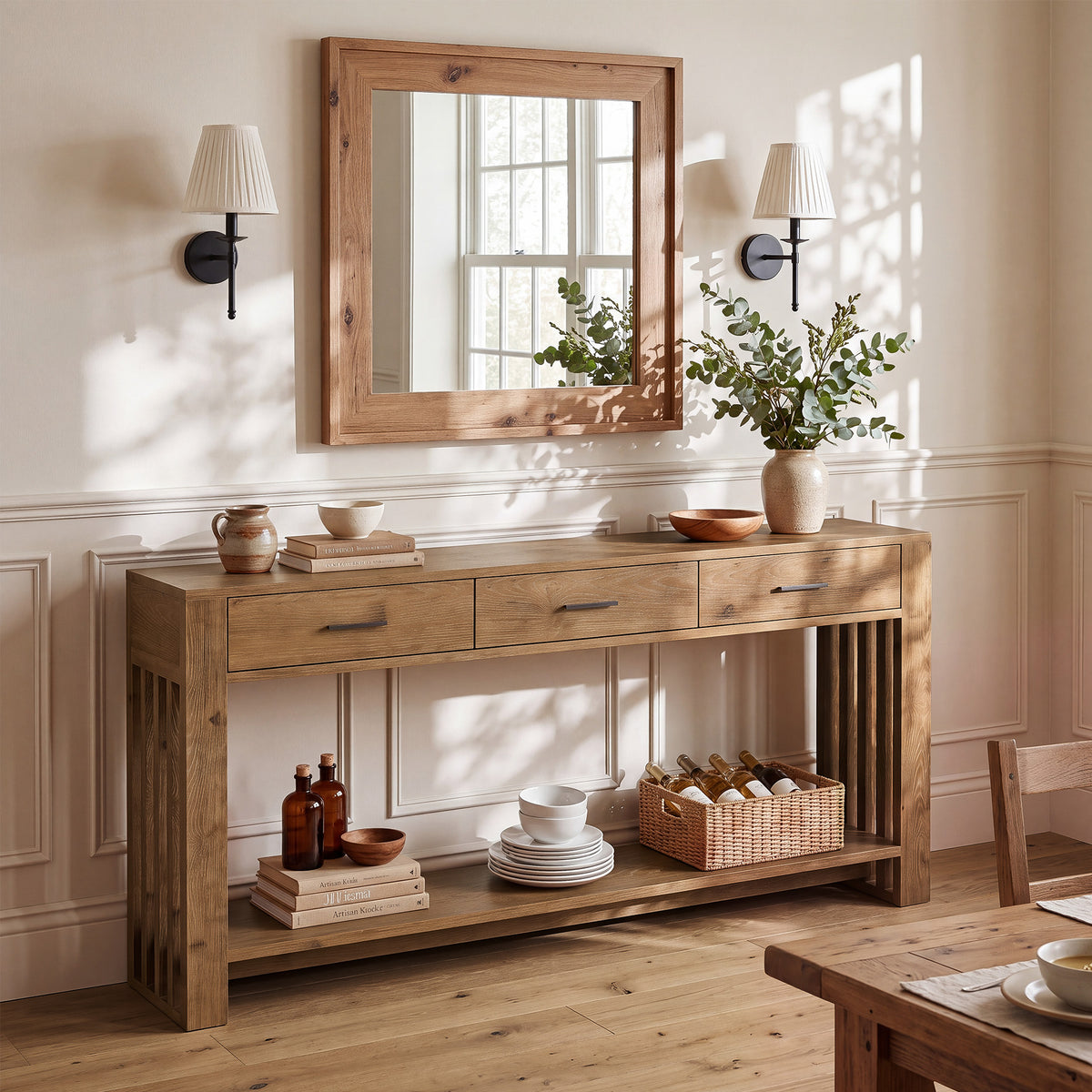 160cm Console Table, Solid Wood 3-Drawer 2-Tier Narrow Farmhouse Entryway Table