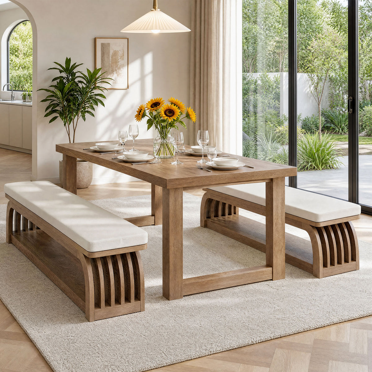 140cm Dining Bench, Upholstered 2-Tier Farmhouse Kitchen Bench with Hollow Legs