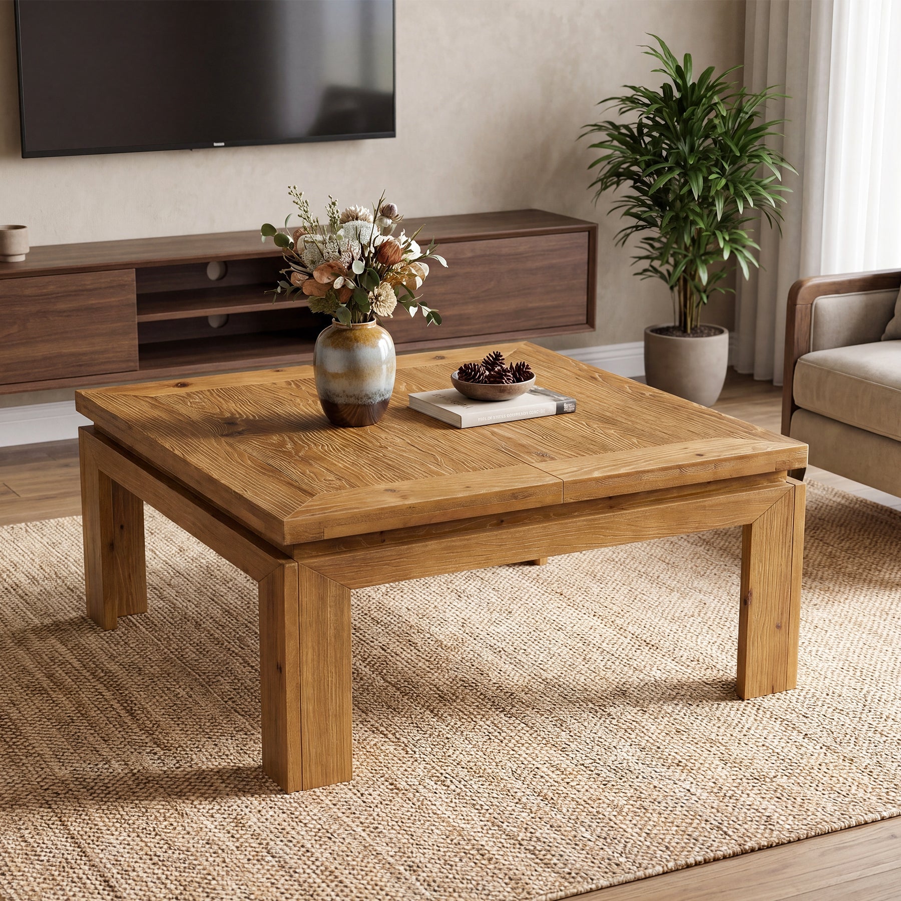 39.4" Solid Wood Coffee Table with Recessed Edge, Square Farmhouse Center Table for Living Room