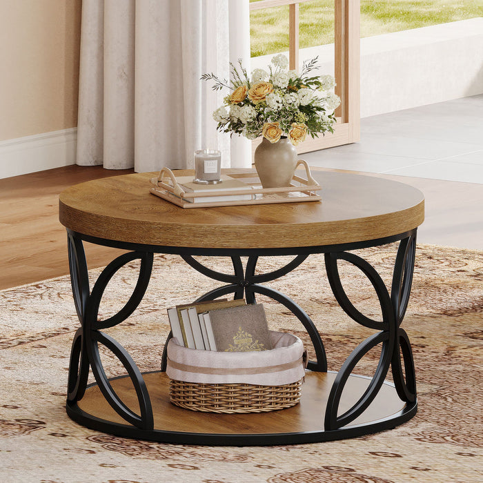80cm Round Coffee Table, 2-Tier Rustic Storage with Metal Frame