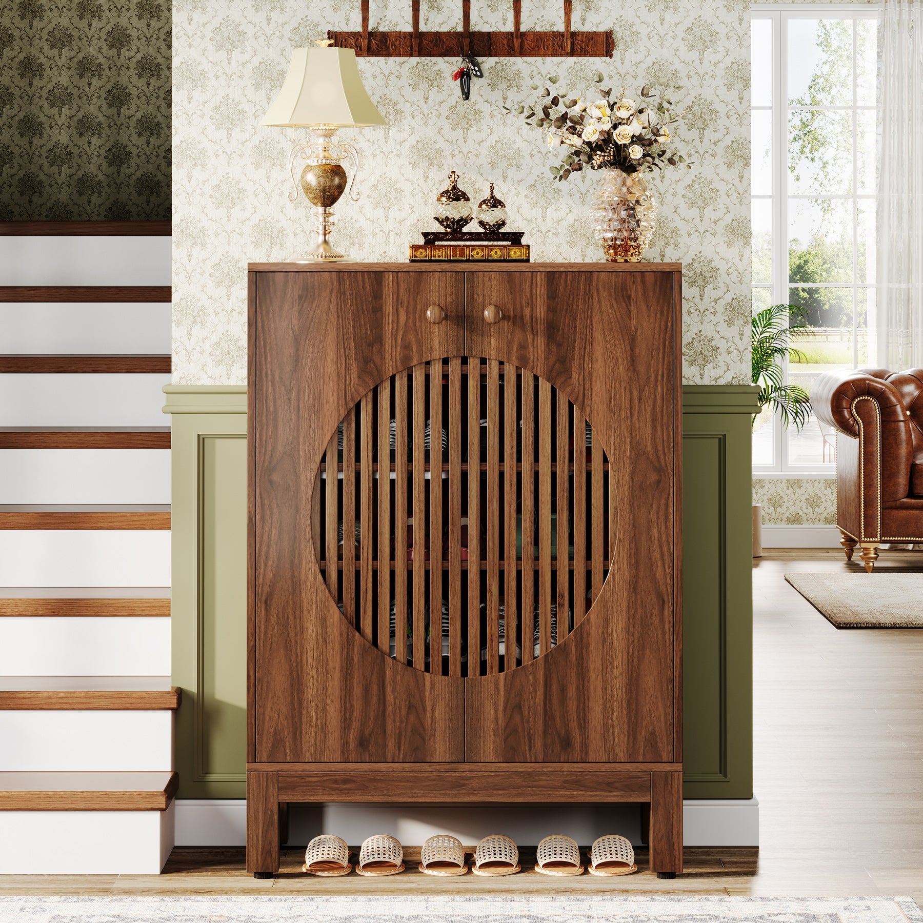 Tribesigns 5-Tier Shoe Cabinet, 20-Pair Farmhouse Shoe Storage Organizer with Round Louvered Doors for Entryway