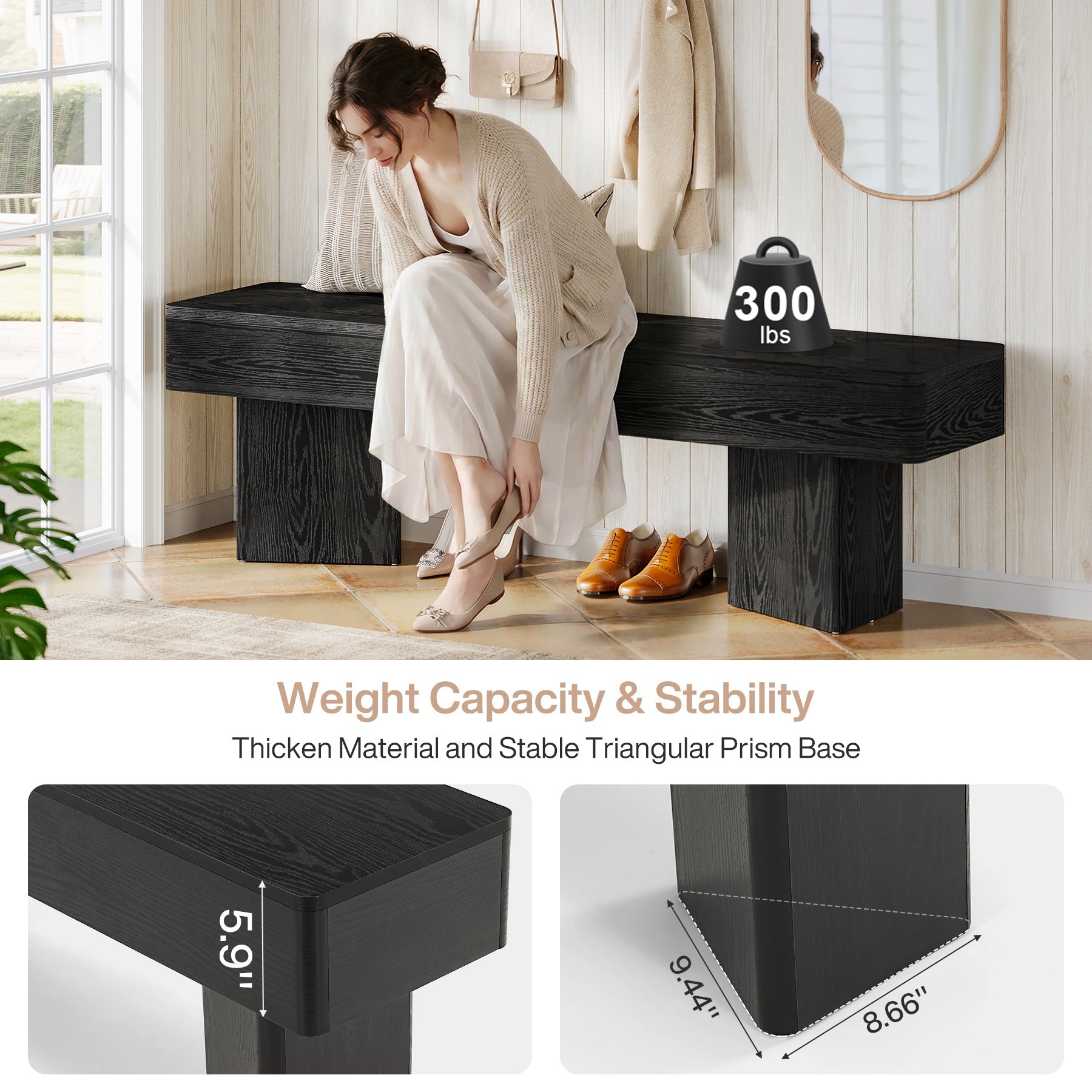 47.24" Entryway Bench, Modern Shoe Bench with Sturdy Bases