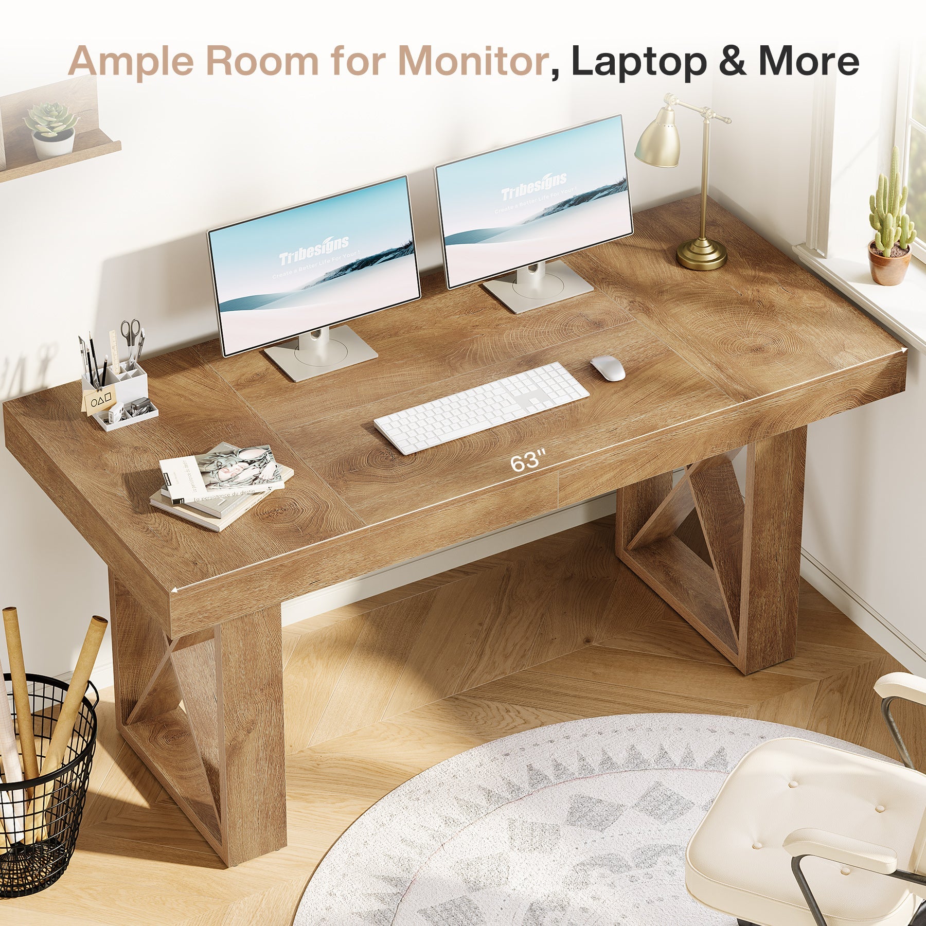 63“ Computer Desk with Thick Desktop, Writing Workstation for Home Office Study Room