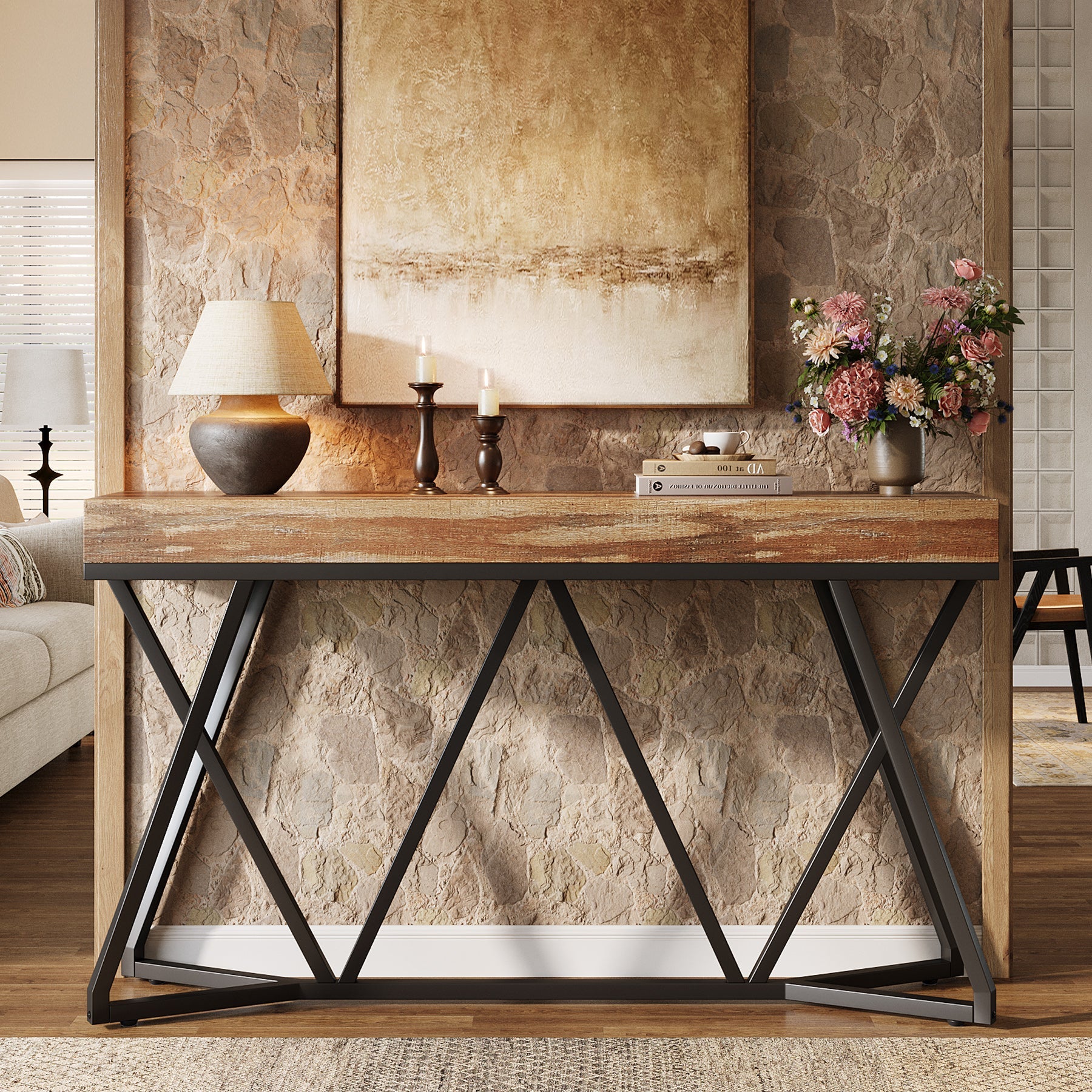 55" Farmhouse Console Table, Sofa Table Wood Entryway Table