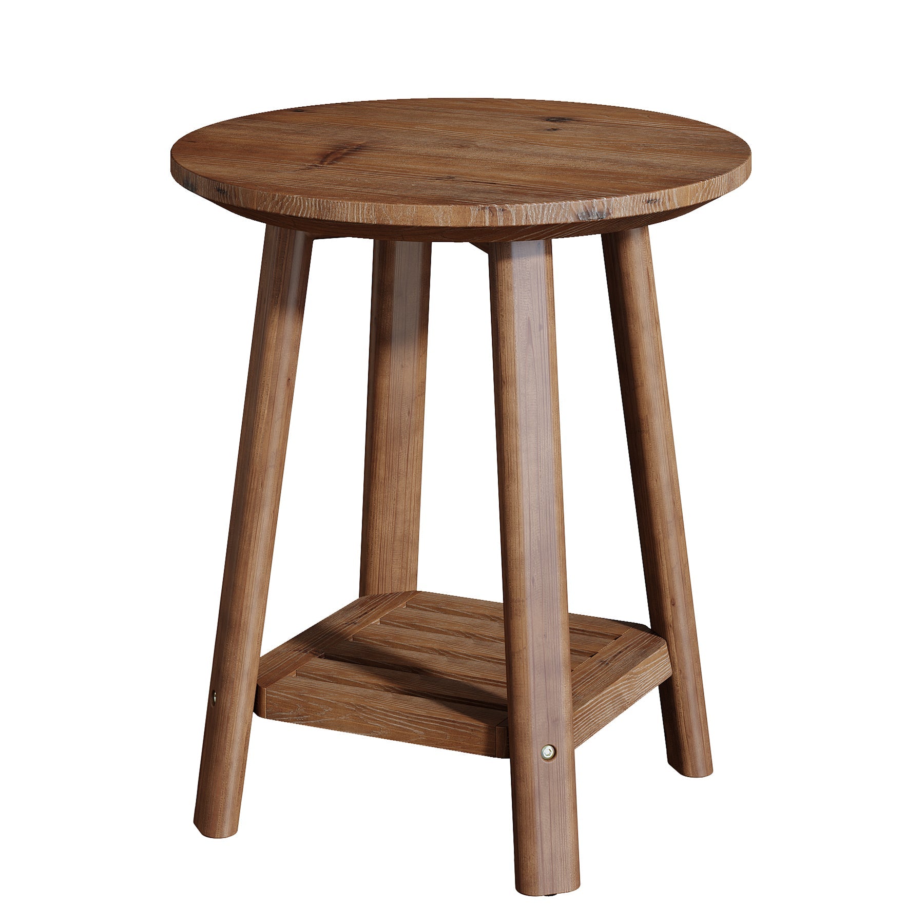 23.62" Round Solid Wood Side Table, 2-Tier Farmhouse Storage Shelf Walnut