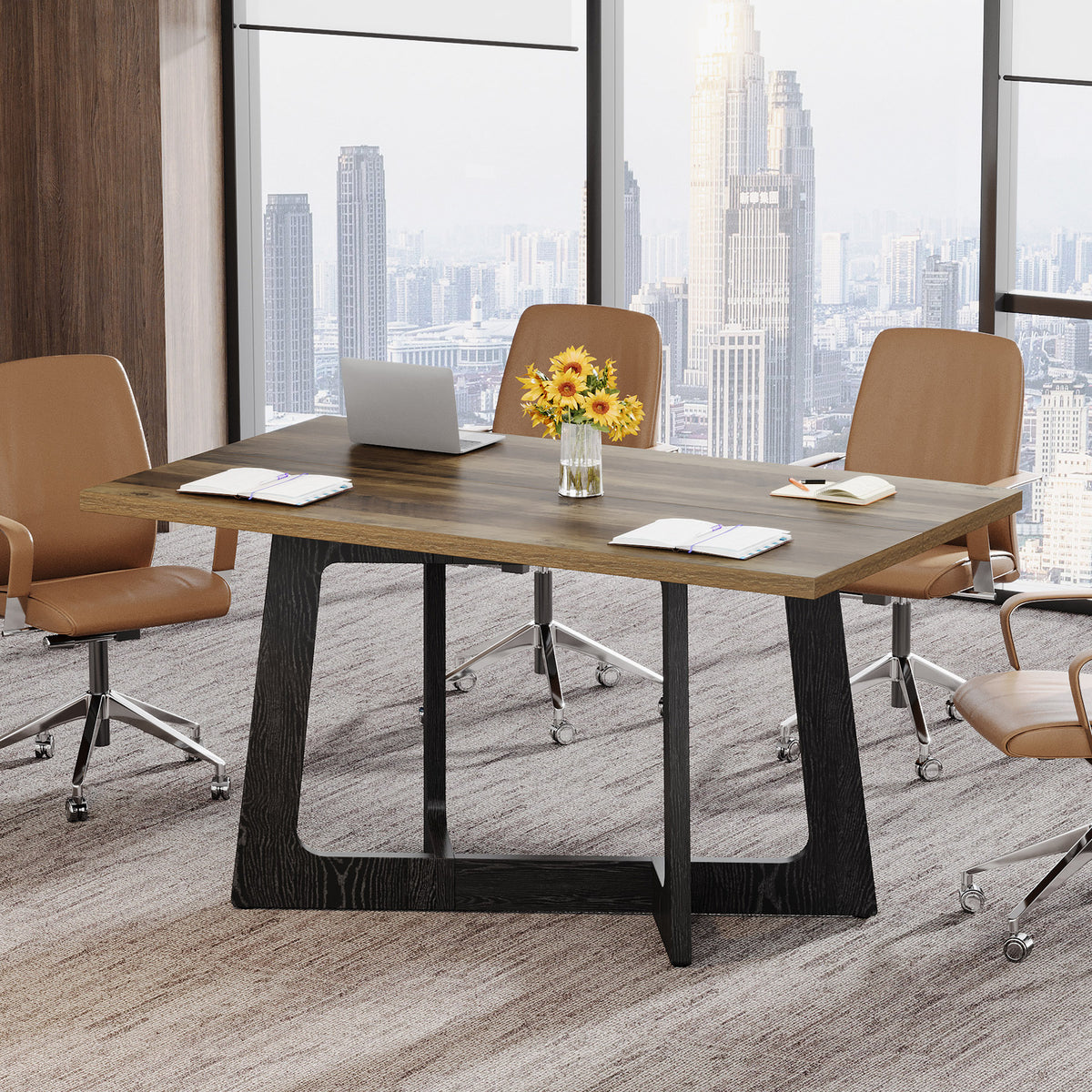 120cm Conference Table, Industrial Office Meeting Table with Sturdy Metal Base for 2-4 People