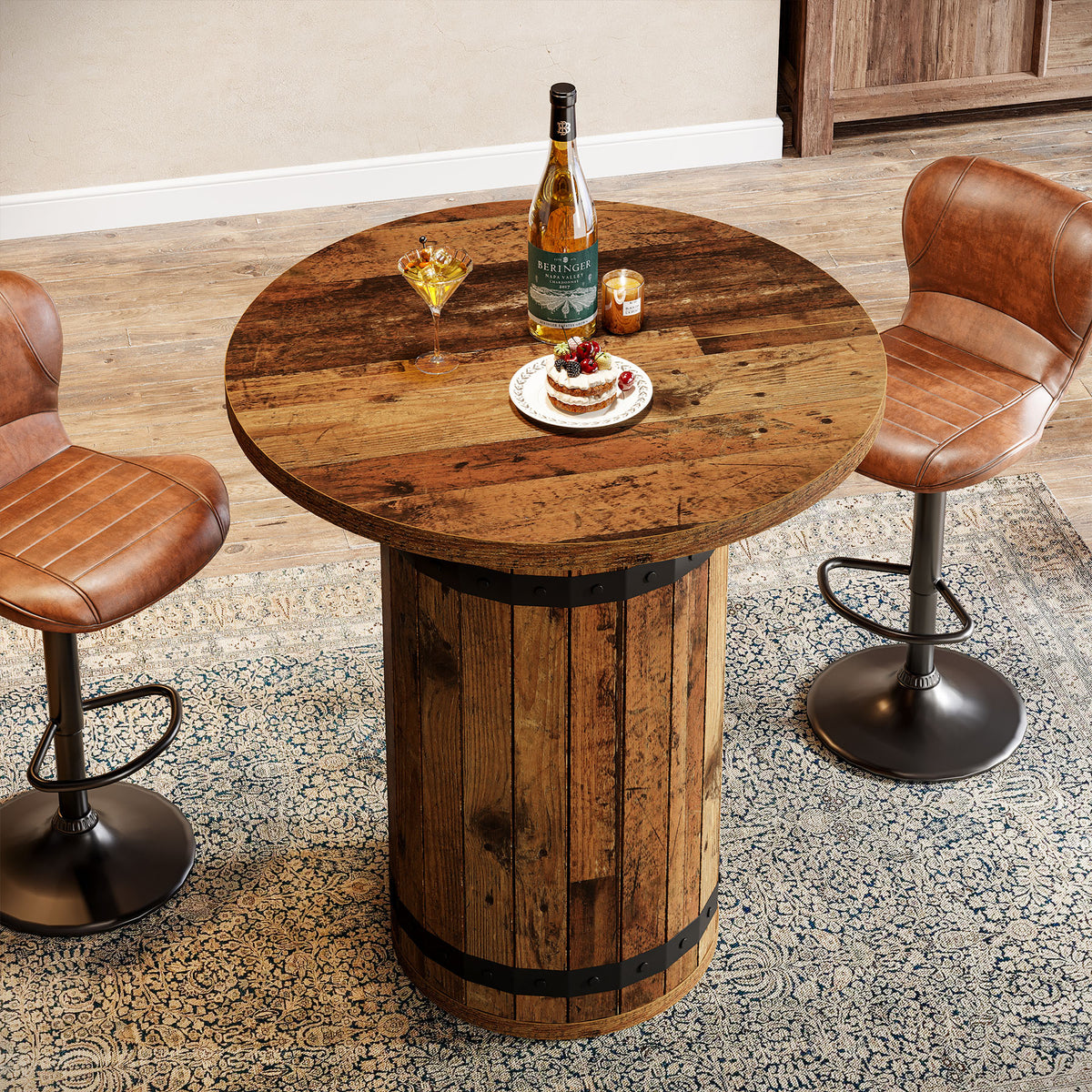 100cm Round Bar Table, Rustic Pub Table with Barrel Base for Kitchen Living Room